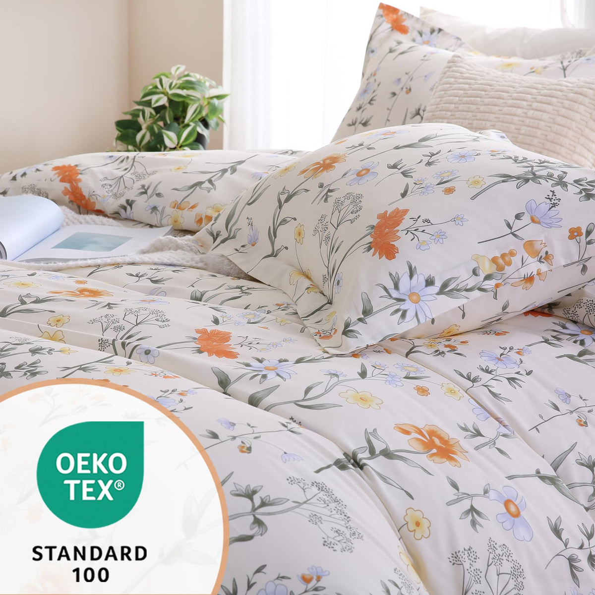Ocharo Spring Floral 100% Cotton Duvet Cover King Size,Reversible Bedding Set with Yellow White Flowers,Soft Garden and Farmhouse Theme Duvet Bed Cover with 2 Pillow Cases(20"x36")