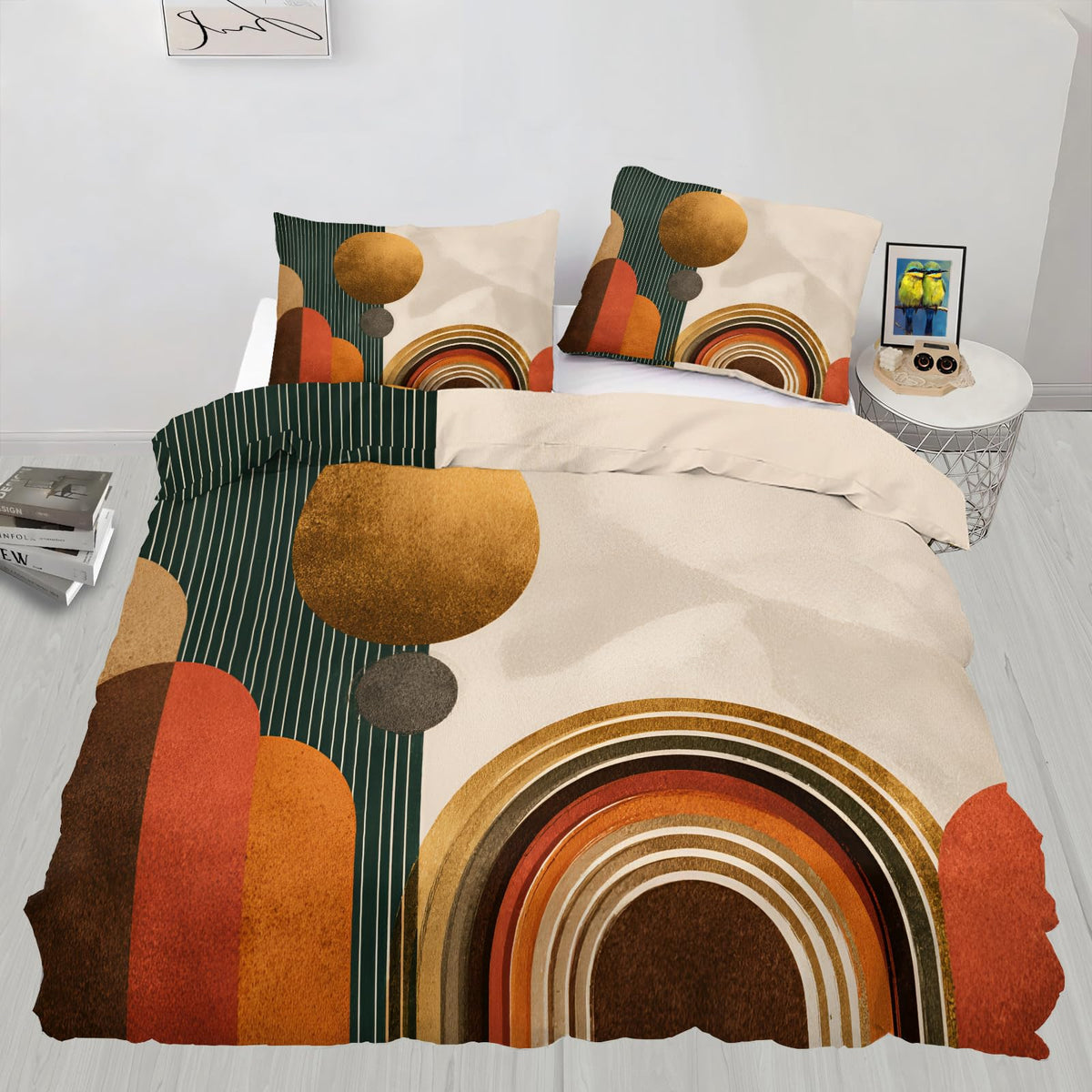 ZAOMIR Mid Century Modern Duvet Cover Queen Size, Boho Abstract Geometric Line Bedding Set 3 Piece, Sun Boho Geometric Patterned Comforter Cover with Zipper Soft Microfiber, 2 Pillowcases
