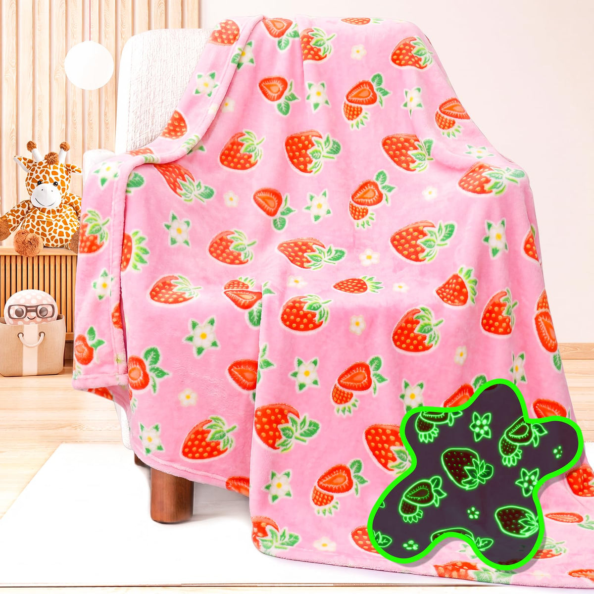 Glow in The Dark Strawberry Blanket for Women Girls, Cute Pink Fleece Throw Blanket, Soft Throw for Bedroom Couch Sofa Decor, Christmas Strawberry Gifts for Women Kids Teens