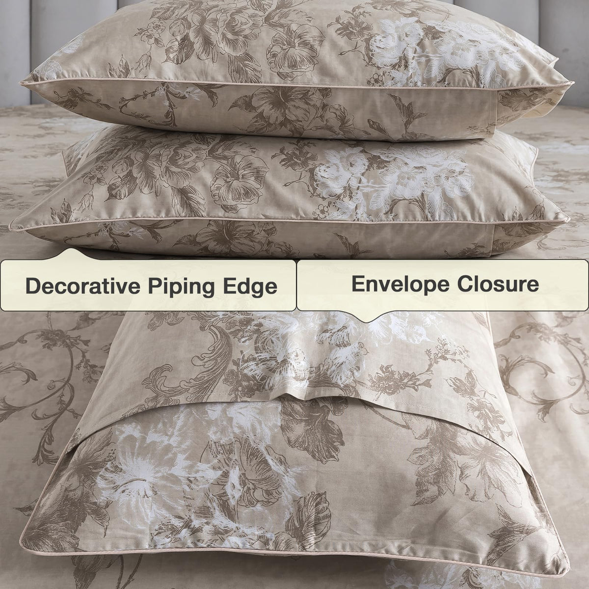 Puralens Dark Beige Moody Floral Duvet Cover, King 100% Cotton Percale Neutral Flower Comforter Cover Set, Shabby Chic Cottage Reversible Toile Bed Cover Set with Ties, Farmhouse Zipper Bedding, 3Pcs