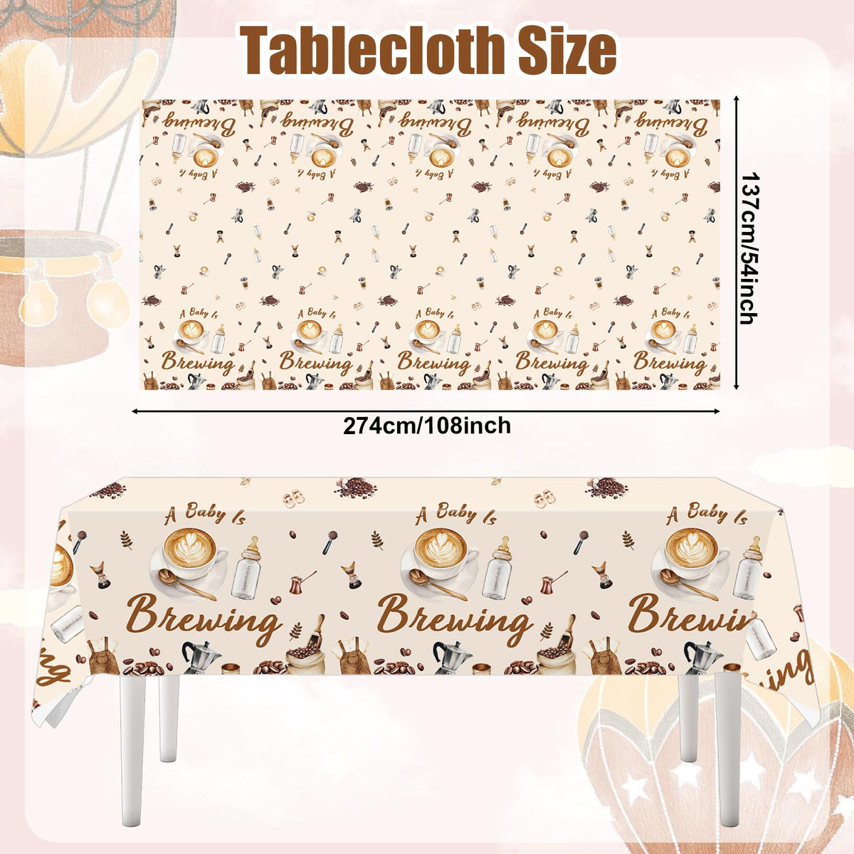 Lianxuia 3Pcs Coffee Baby Shower Plastic Tablecloth, 54 x 108 Inch A Baby is Brewing Table Cover, Disposable Coffee Themed Party Table Cloth for Gender Reveal, Baby Shower Decorations