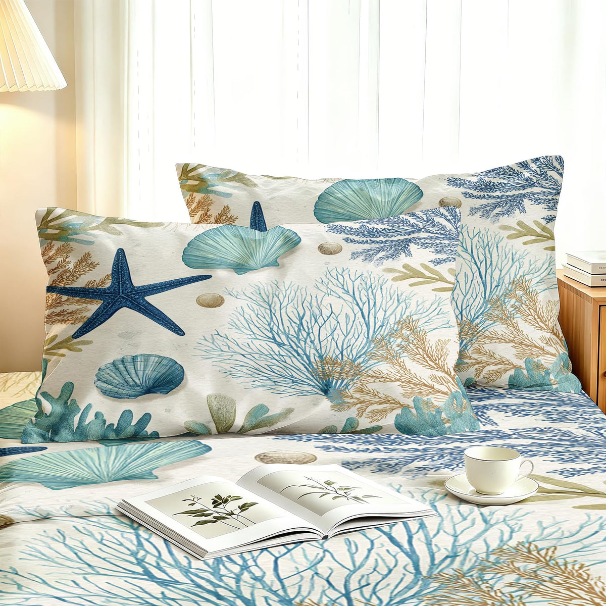 Seashell Coral Full Sheet Set 4 Pcs Coastal Bed Sheets