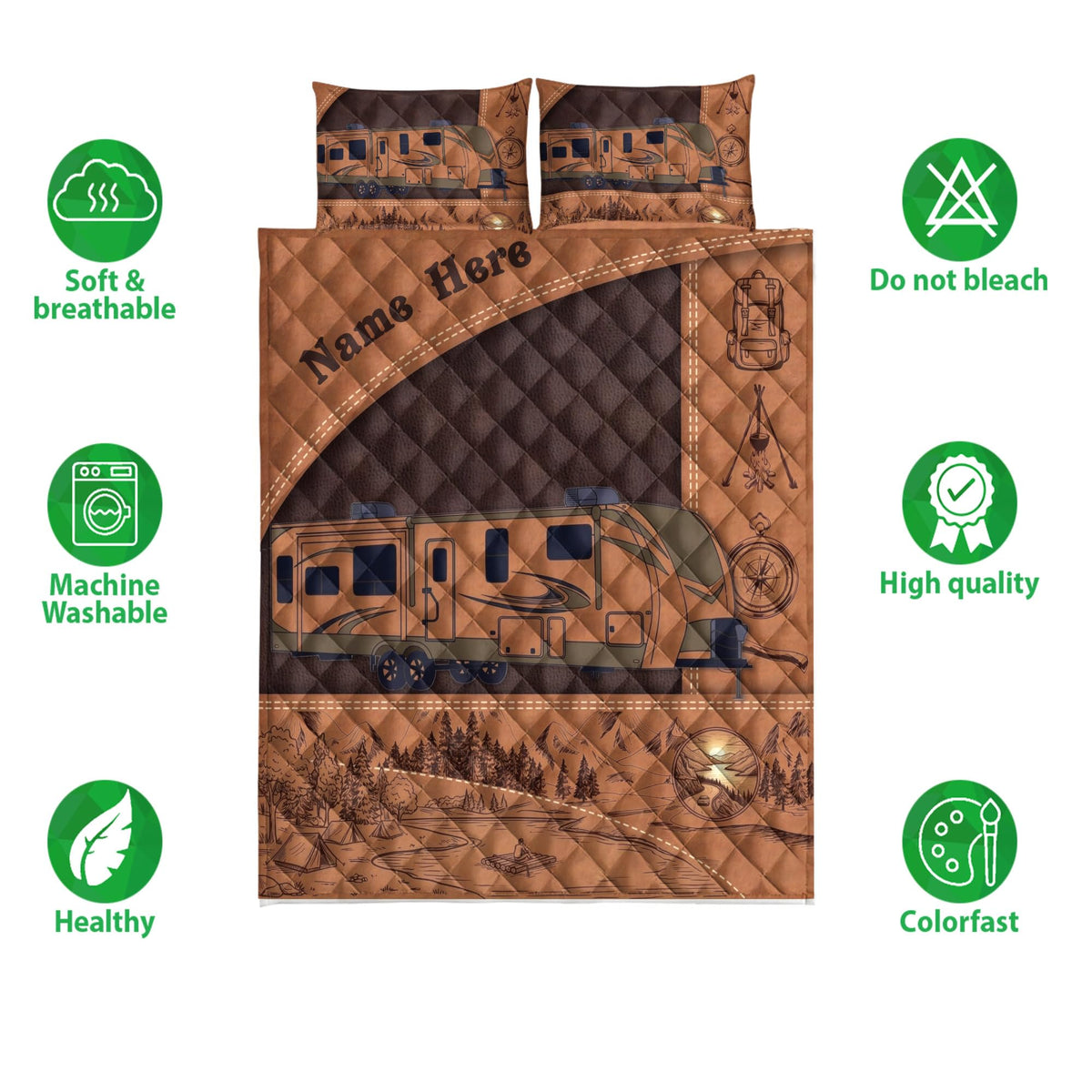 OhaPrints Custom Camping Lover Camper Travel Trailer Brown Personalized Name Quilt Blanket & Pillowcases, Quilts Bedding Set & Pillow Cover, King Queen Double Twin Throw Full Size Bedspread Bed Sets