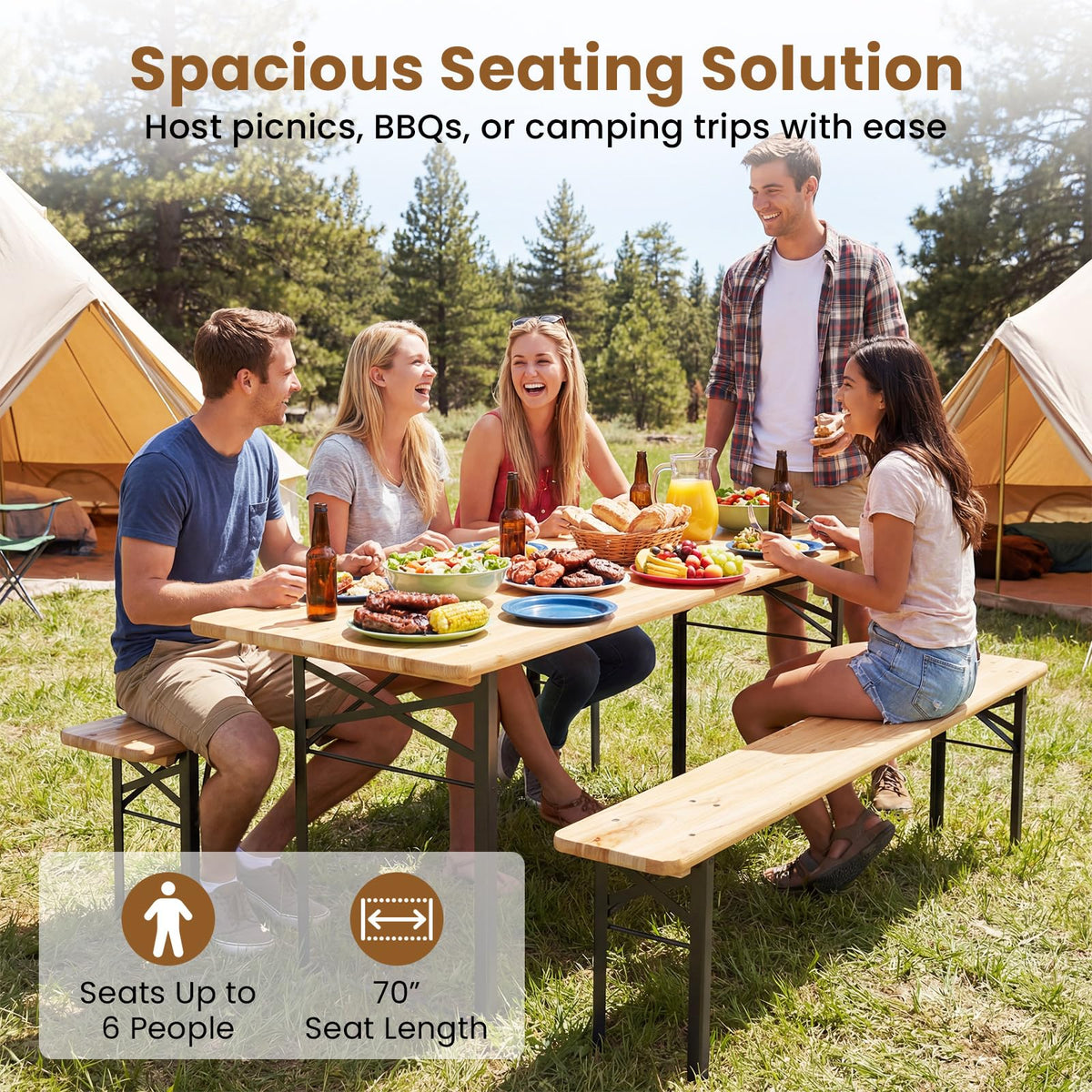 Giantex 70 Inch Folding Picnic Tables with Benches Set, Solid Wood Camping Beer Table Bench Set with Metal Frame, 3-Piece Portable Patio Dining Furniture, Indoor & Outdoor Folding Table and Chairs