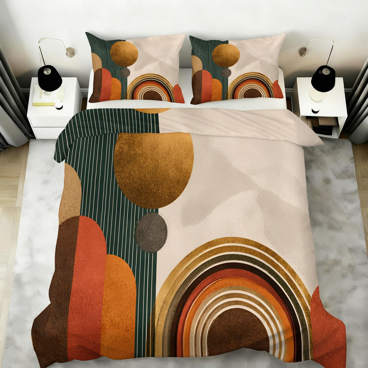 ZAOMIR Mid Century Modern Duvet Cover Queen Size, Boho Abstract Geometric Line Bedding Set 3 Piece, Sun Boho Geometric Patterned Comforter Cover with Zipper Soft Microfiber, 2 Pillowcases