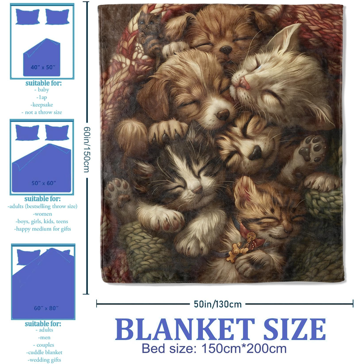 Plistiz Cute Dog and Cat Throw Blanket 50"x60", Sleepy Puppies and Kittens Theme Blankets for Living Room Couch, Home Decor, Soft Flannel Pet Gifts for Adults and Women