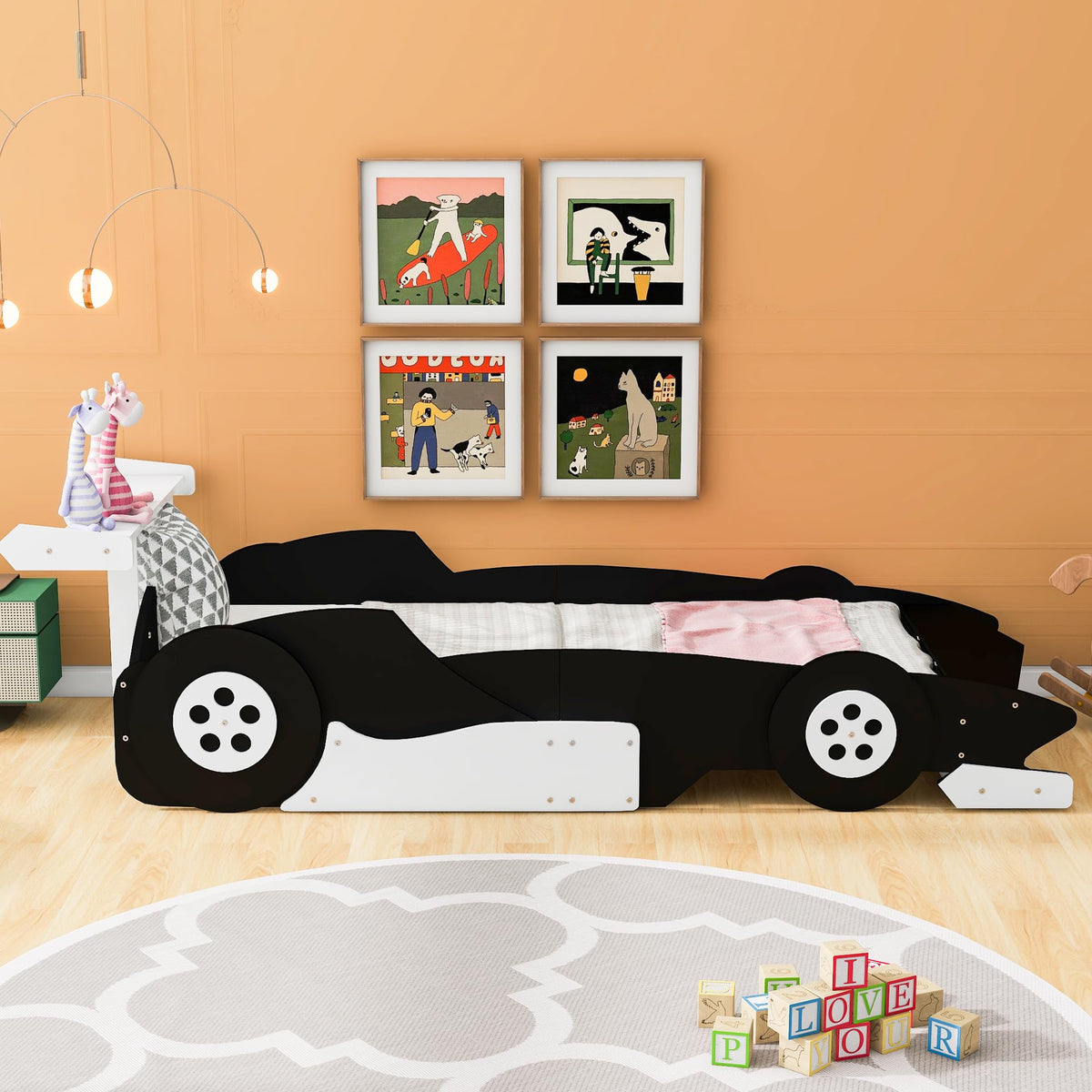 Merax Race Car Bed Frame Twin Size for Boys, Wood Car-Shaped Platform Bed with Wheels, Black