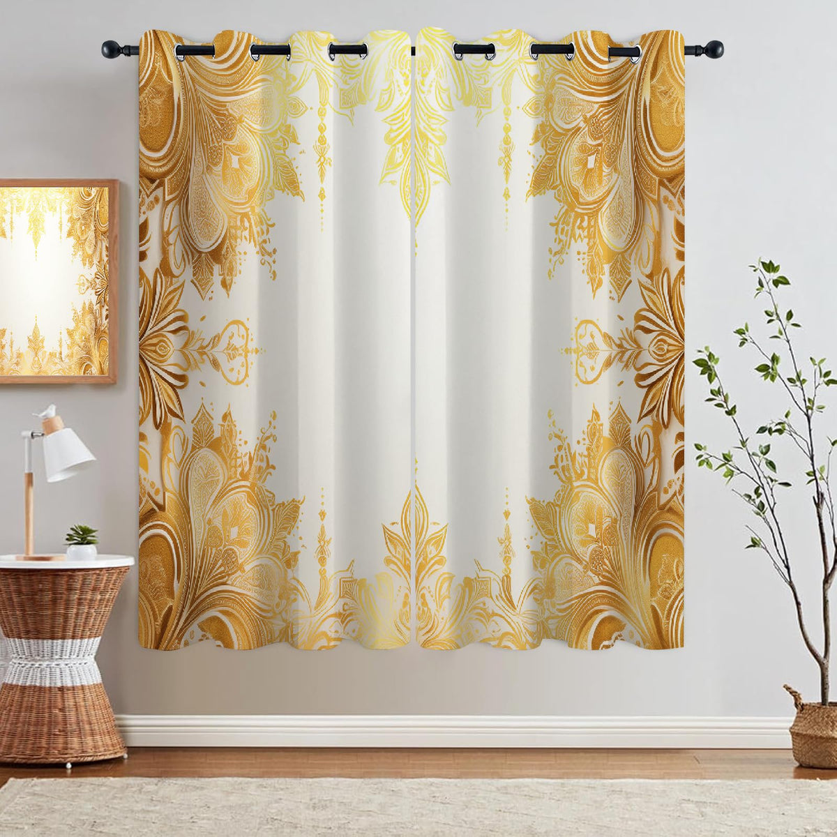 Golden Elegant Flowers Blackout Curtains, Warm Bright Texture 3D Print Grommet Drapes, Window Curtain Set of 2 Panels, Thermal Insulated Energy Saving Drapes for Living Room(42" W x 63 "L)