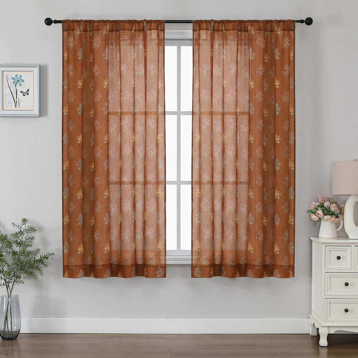 Ebesto Crushed Floral Sheer Curtains 63 Inch Length - Light Filtering Printed Sheer Flower Patterned Curtains for Bedroom, Spring Romantic Rod Pocket Window Drapes, 2 Panels, 42Wx63L, Terracotta