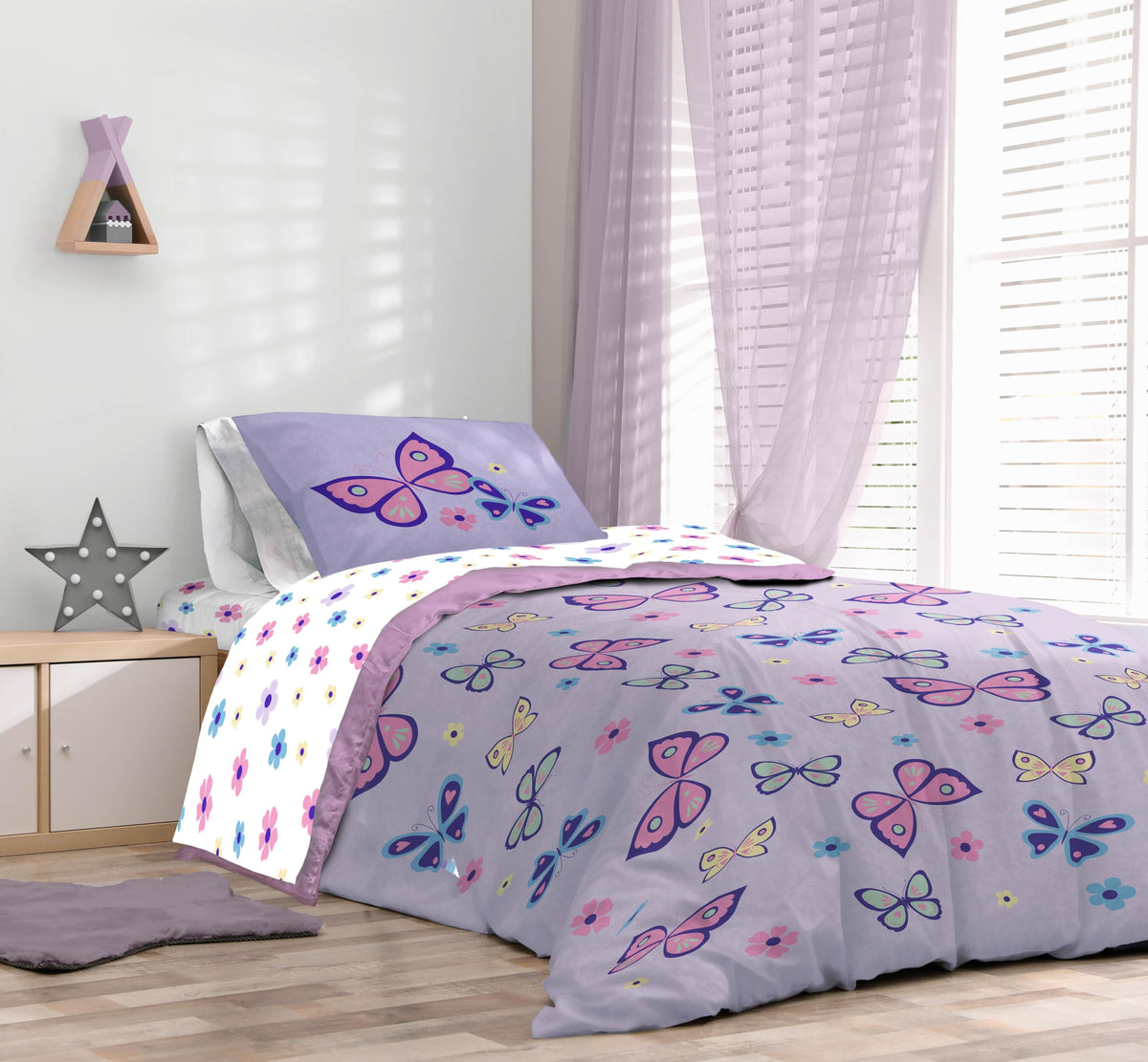 Sunny Side Up Butterfly Full Comforter Set - 7 Piece Kids Bedding Includes Comforter, Sheets & Pillow Cover - Super Soft Purple Floral Microfiber Bed Set