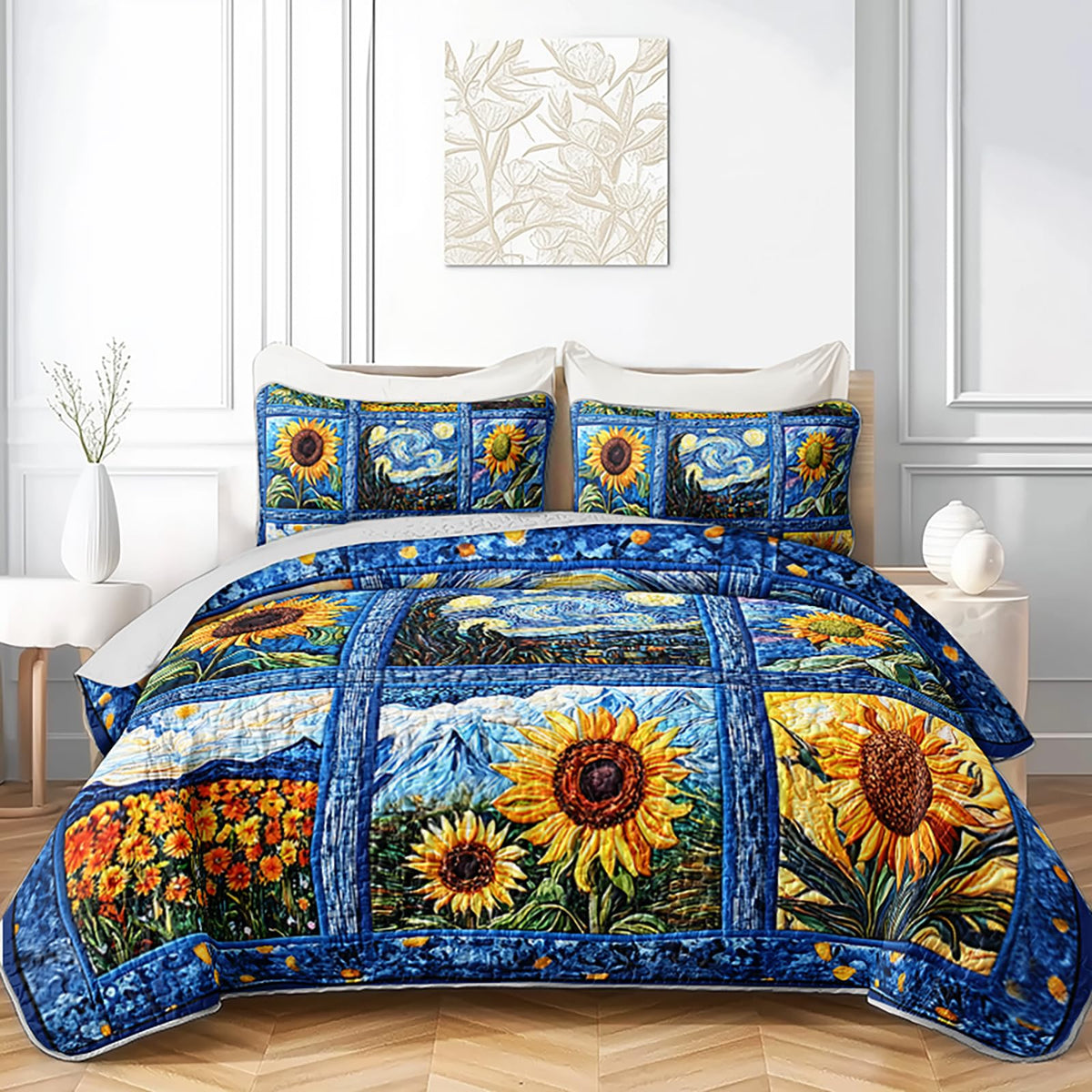 QOOMO Cartoon Sunflower Kids Quilt Set,Flores Print Bedding Set,Blue Room Decoration Soft and Lightweight for All Seasons Twin Size,1 Quilt Set 2 Pillowcases