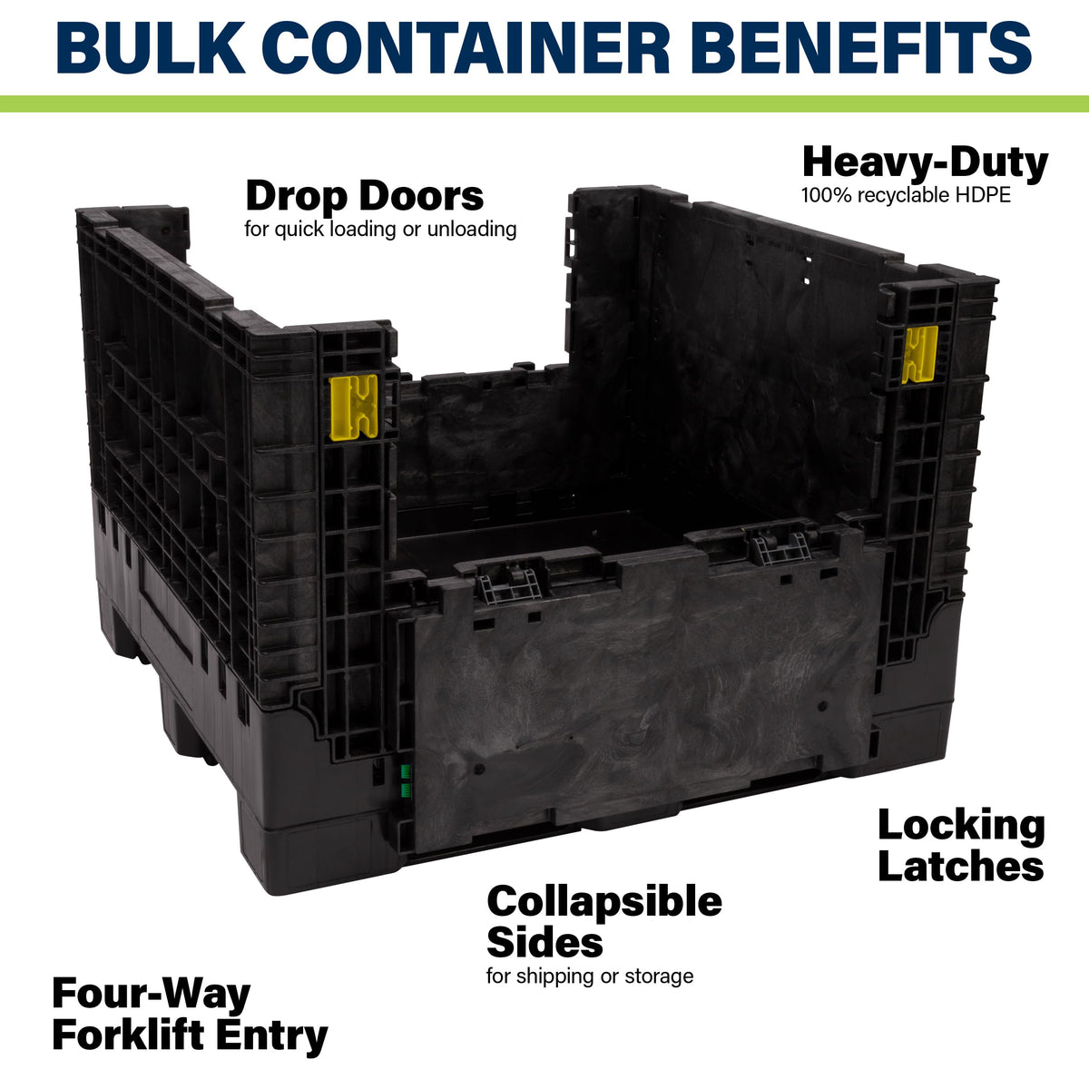 Buckhorn 48" x 45" x 41" Collapsible Bulk Box Container, Extra-Duty Plastic Stacking Gaylord Box with 4-Way Forklift Access and 2 Drop Doors, 1700 lb Capacity Storage Tote, Black (BR48454120)
