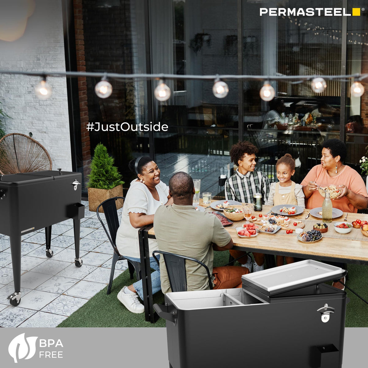 Permasteel Party Cooler with Divider, Spacious 80-Qt Capacity, Chills 36hrs, Serving Tray, Rolling Ice Chest for Indoor and Outdoor Entertainment, Matte Black