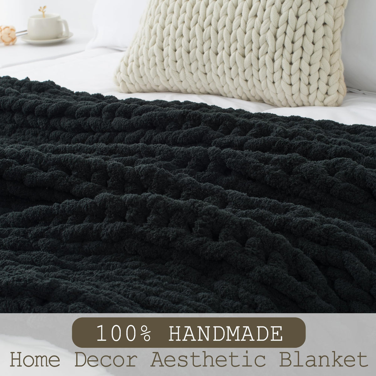 LONG CREATE Chunky Knit Throw Blanket 50"X 60", 100% Handmade with Soft Chenille Yarn, 4.4lbs Thick Cable Knitted Blankets, Large Rope Knot Crochet Throws for Couch Sofa Bed Home Decor, Black