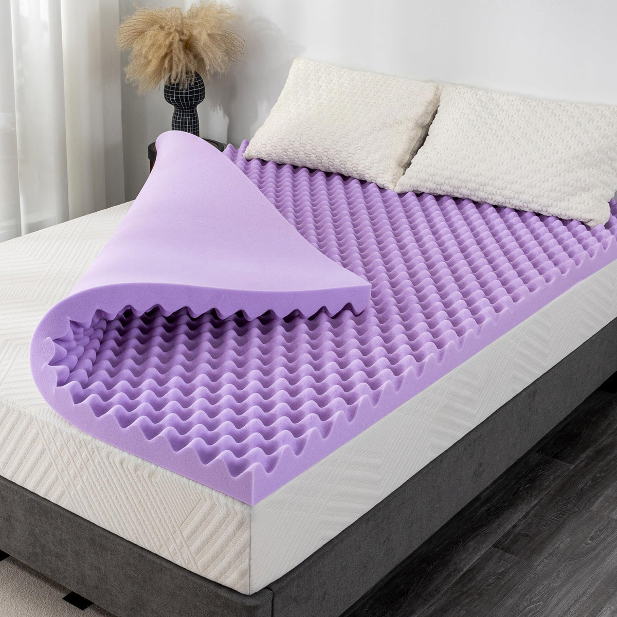 3 Inch Egg Crate Queen Memory Foam Mattress Topper, Lavender Scent Gel Infused Foam Mattress Topper for Pressure Relief, CertiPUR-US Certified Queen Bed Topper, Purple, 60"×80"