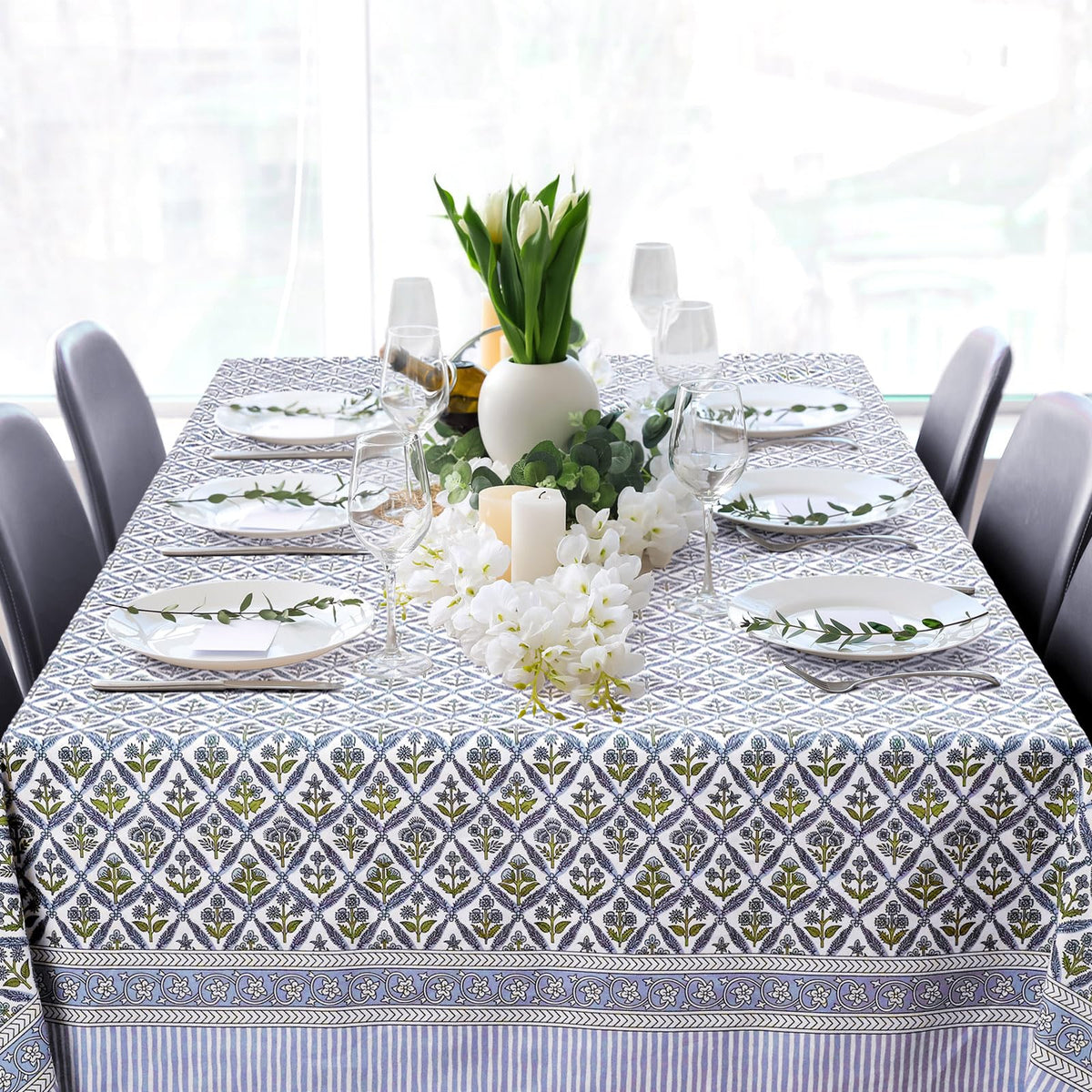 Newtay 60'' x 90'' Cotton Tablecloth Handmade Cotton Floral Tablecloth Washable Print Rectangle Table Cover with Dust Proof Wrinkle Resistant for Kitchen Dining Party Buffe(Light Steel, Blue)