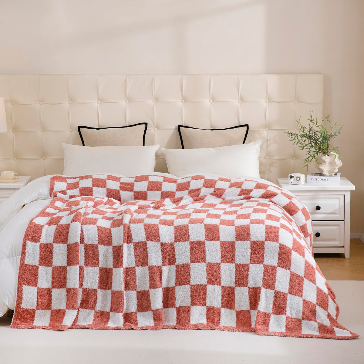 YIRUIO Checkered Knit Throw Blanket Ultra Soft Microfiber Reversible,Fluffy Fuzzy Cozy Throw for Bed,Sofa Couch Home Decor Red 60x80 Inches Twin Size