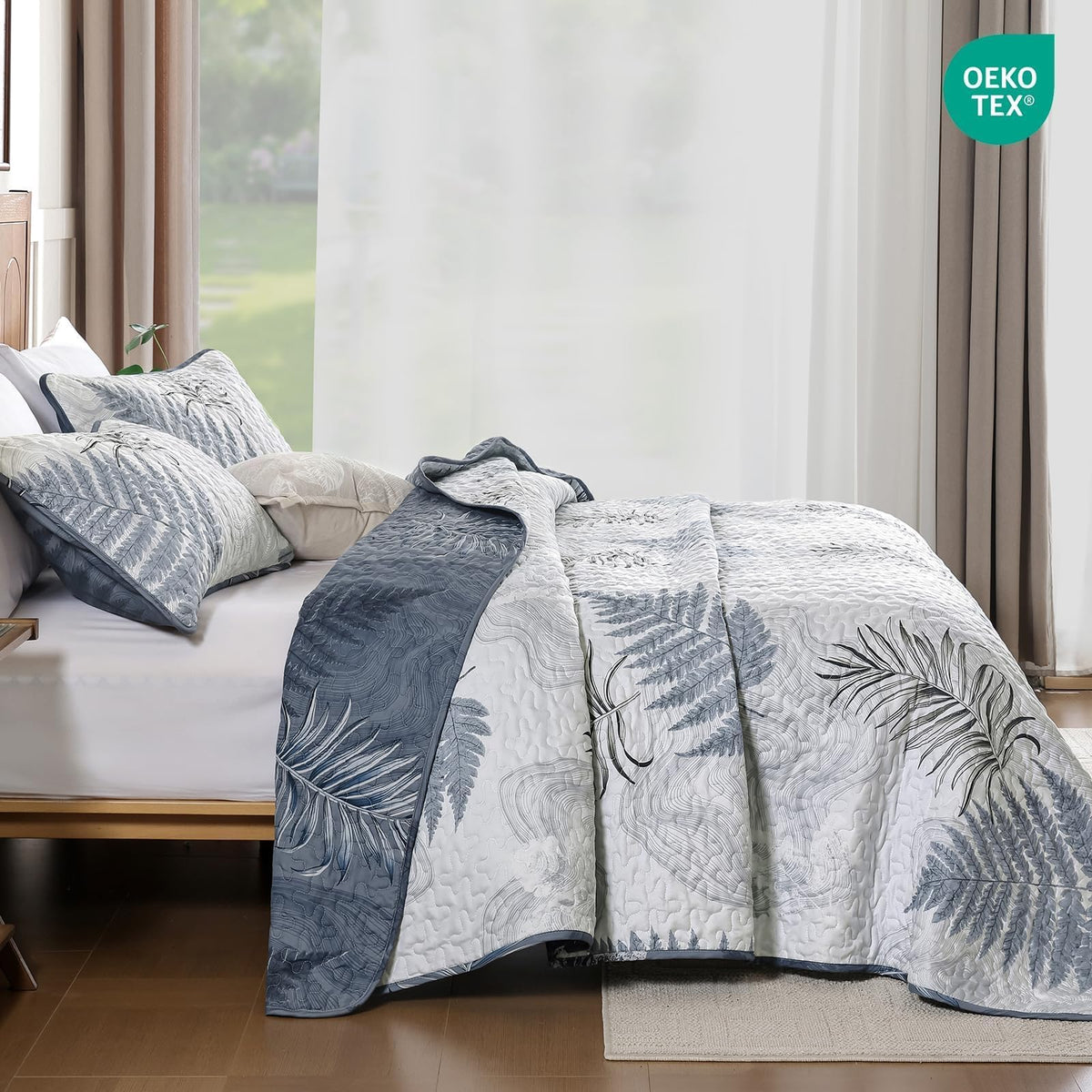 Dinjoy Blue Quilts Set Queen Size, Botanical Bedspread Bedding Set Floral Leaf Pattern Reversible Quilt Coverlet Set 3 Pieces, Summer Bedspread Bed Cover with 2 Pillow Shams for All Seasons