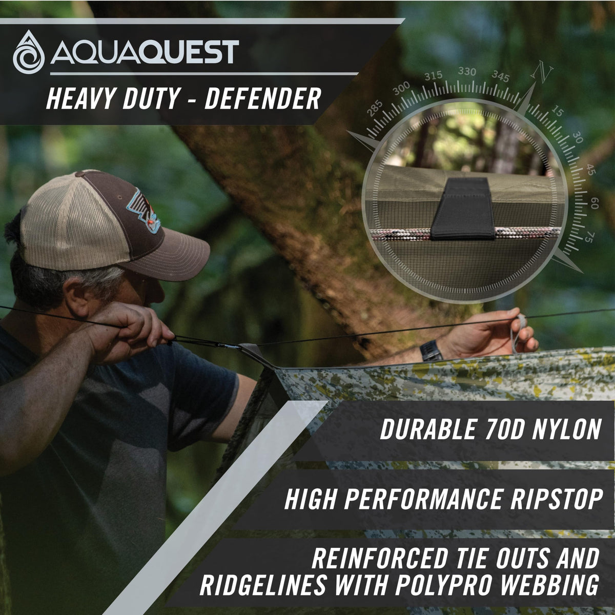 AquaQuest Defender Tarp – Heavy‑Duty Waterproof (20,000 mm) Seam‑Taped Rain Fly for Camping, Bushcraft & Survival – 13×10 True Terrain Camo