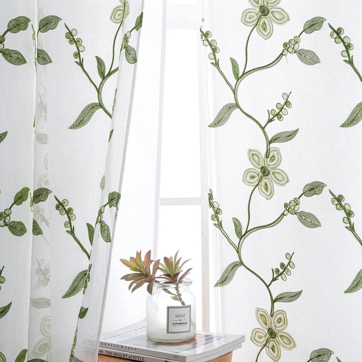 Petrichor Embroidered Sheer Curtain 2 Panels Set - Luxury Window Curtain Attached Valance with Satin Backing and 2 Tie Backs for Living Room,Dining Room, 54x84 inches, Sage Green