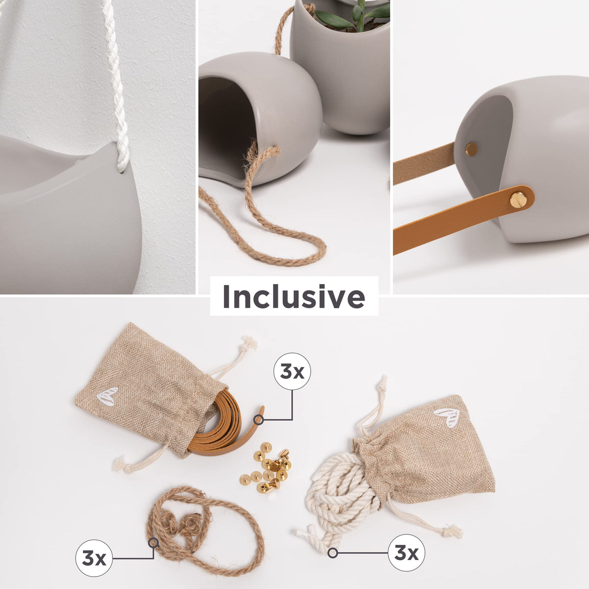 Kazai. Wall Planters -Ellie- | Hanging Ceramic Plant Pots 3 Pieces | Wall Decoration for Indoors, Balcony and Garden | Light Grey (Matte)