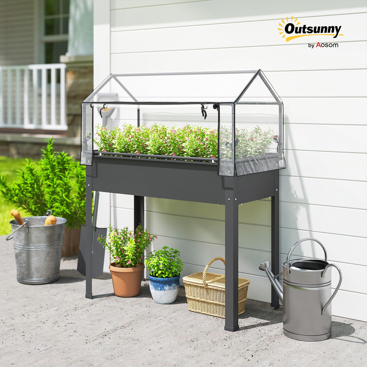 Outsunny Raised Garden Bed with Greenhouse Cover, Elevated Planter Box with Legs and Drainage Hole for Vegetables Flowers Herbs, 39.4" x 18.9" x 48.8", Dark Gray