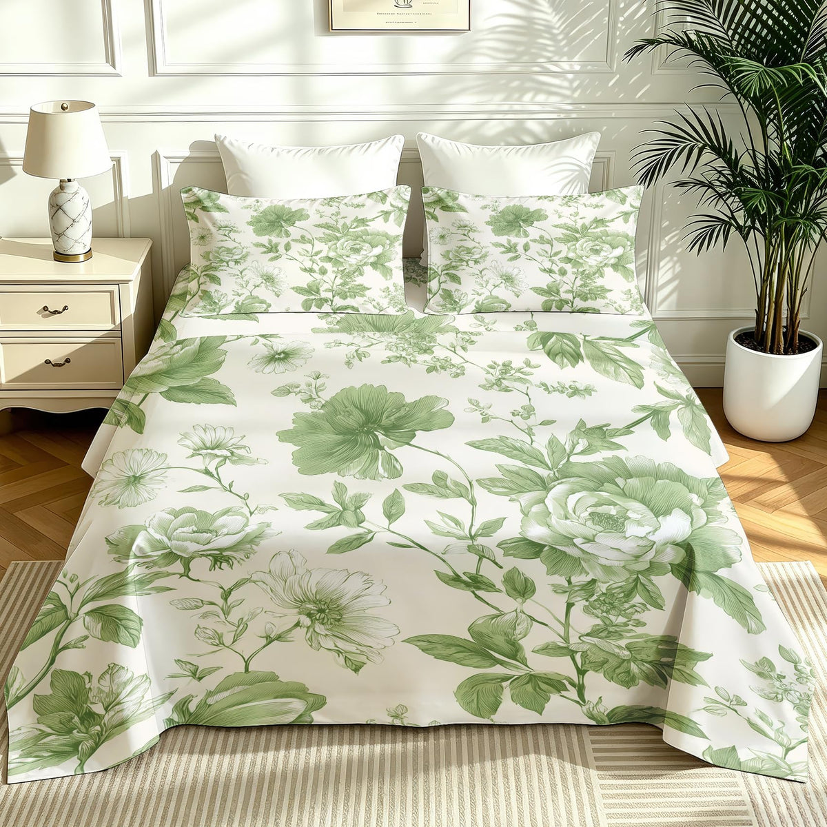 Green Floral Queen Bedding Set Farmhouse Botanical Sheet Sets