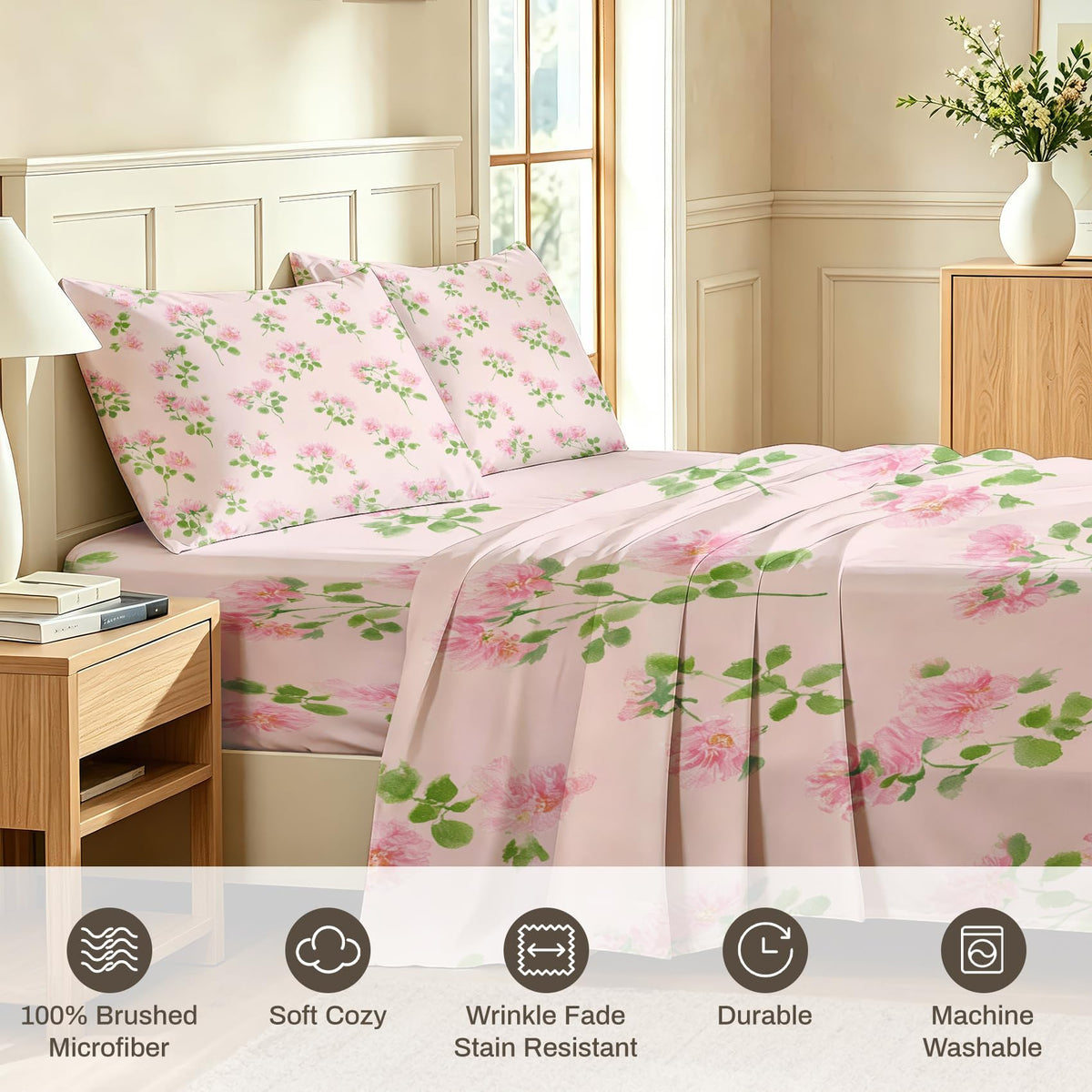 Pink Flower California King Sheet Set Botanical Flat Fitted Sheet Sets