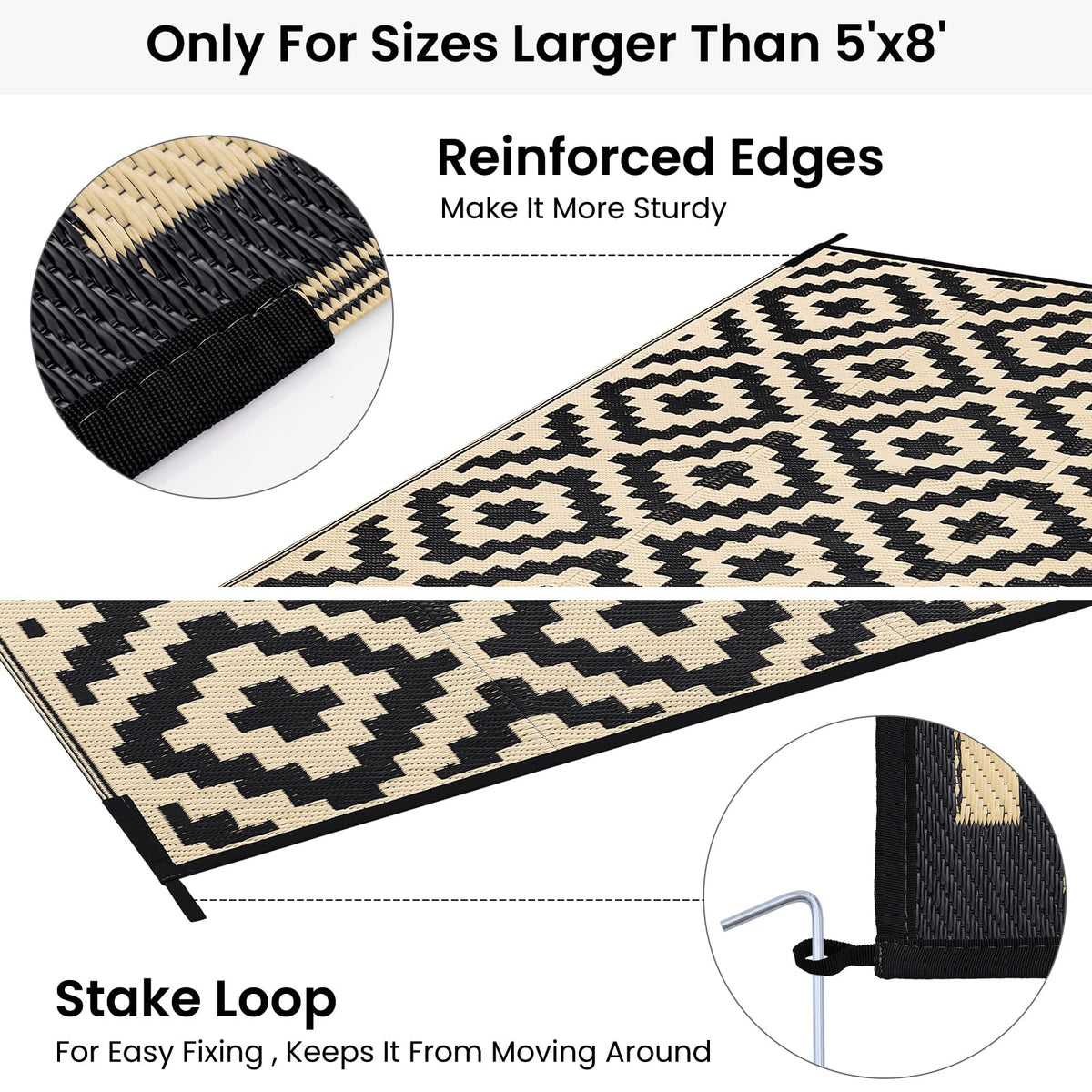 Smiry Waterproof Outdoor Rug 9X18 ft, Reversible Plastic Straw Patio Camping Rugs, Outdoor Indoor RV Mat Carpet for Patio, Outside Entry, Backyard, Deck, Bench, Picnic, Camper, Black & Beige