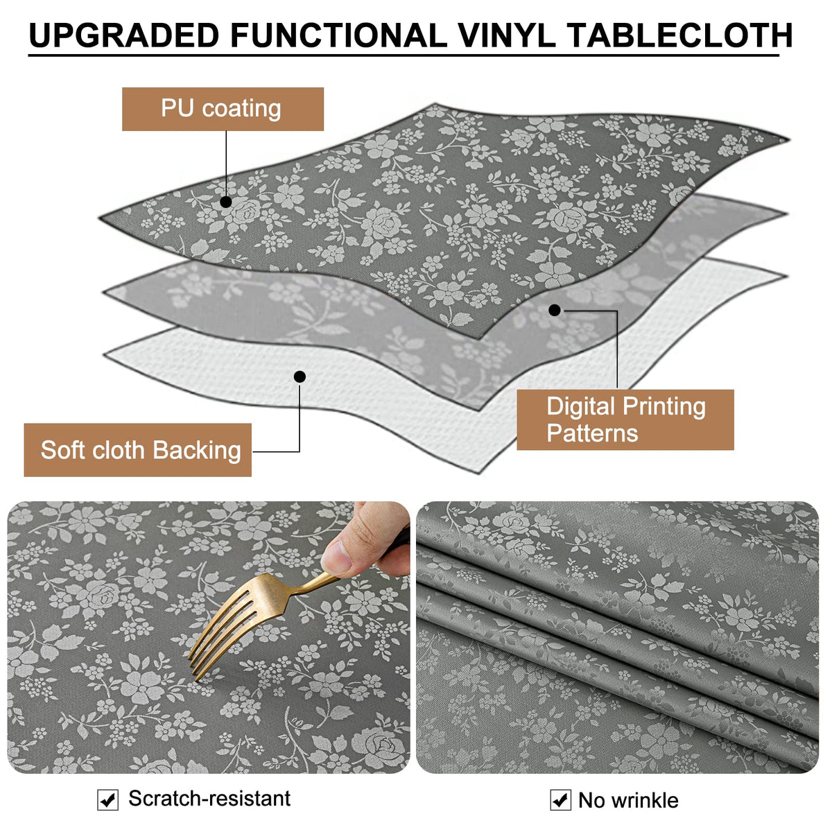 Smiry Rectangle Table Cloth, Waterproof Heavy Duty Vinyl Tablecloths, Wipeable Washable Table Cover for Kitchen and Dining Room (Grey, 60" X 140")