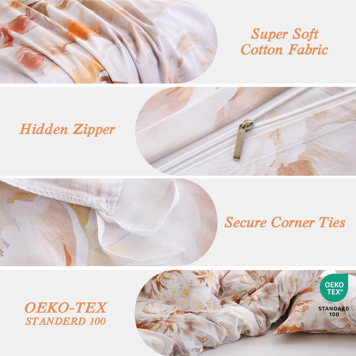 Ocharo 100% Cotton Duvet Cover King Size, Floral Reversible Duvet Cover Set with Zipper Closure, Soft 3 Pieces Bedding Set with 2 Pillow Shams(20"x36")