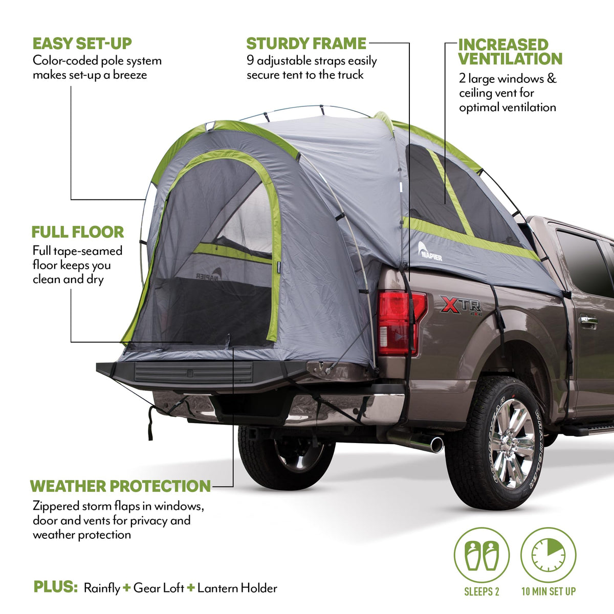 Napier Backroadz Truck Tent | Pickup Truck Bed Camping Tent | Rainfly for Water Protection | Sturdy and Spacious 2-Person Truck Tent | Easy 10-Minute Setup | Gray/Green