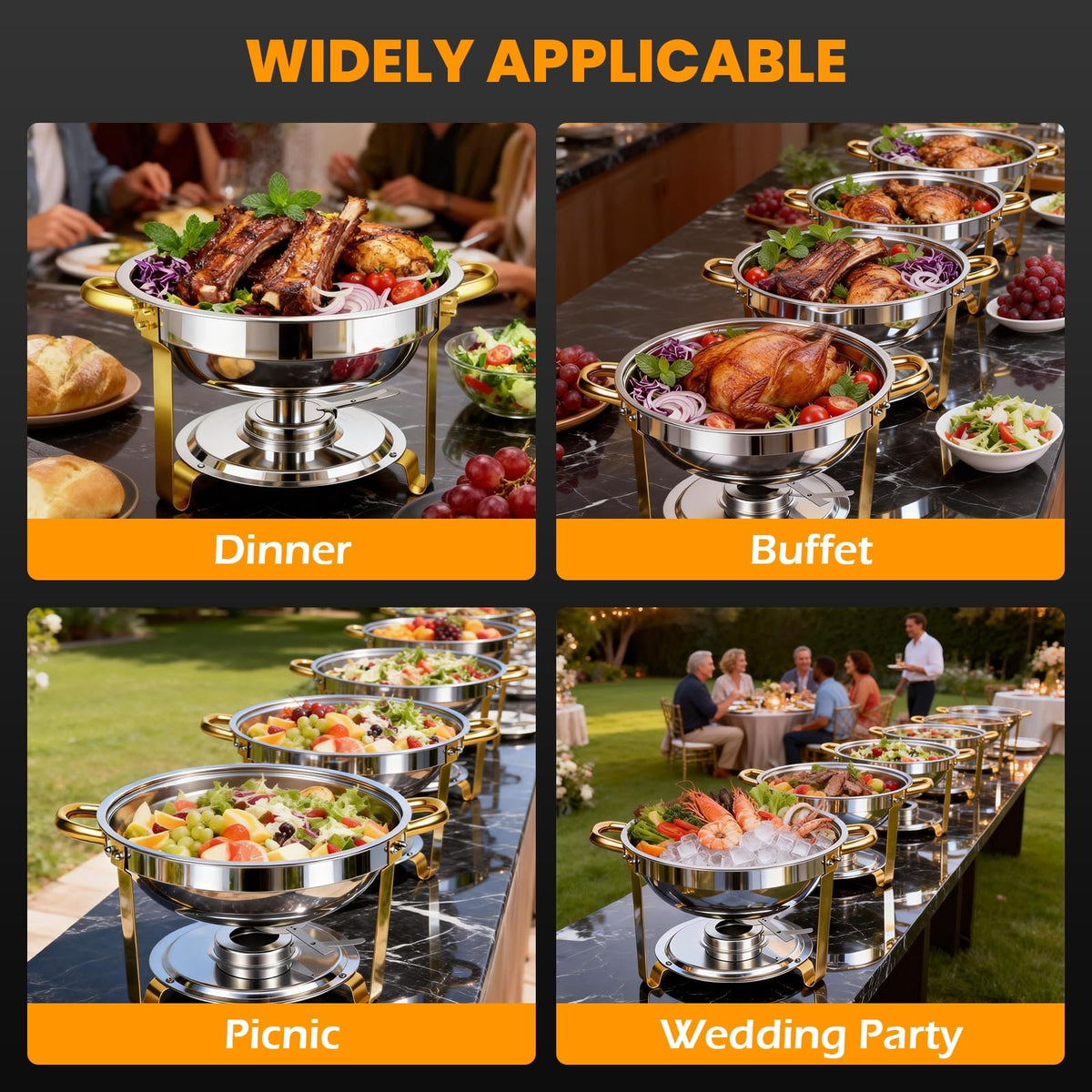 ALSO GO Round Chafing Dishes for Buffet with 4 Serving Tongs, 4 Pack 6QT Chafing Dishes Buffet Set, Golden Stainless Steel Catering Food Warmer for for Party, Gathering,Wedding