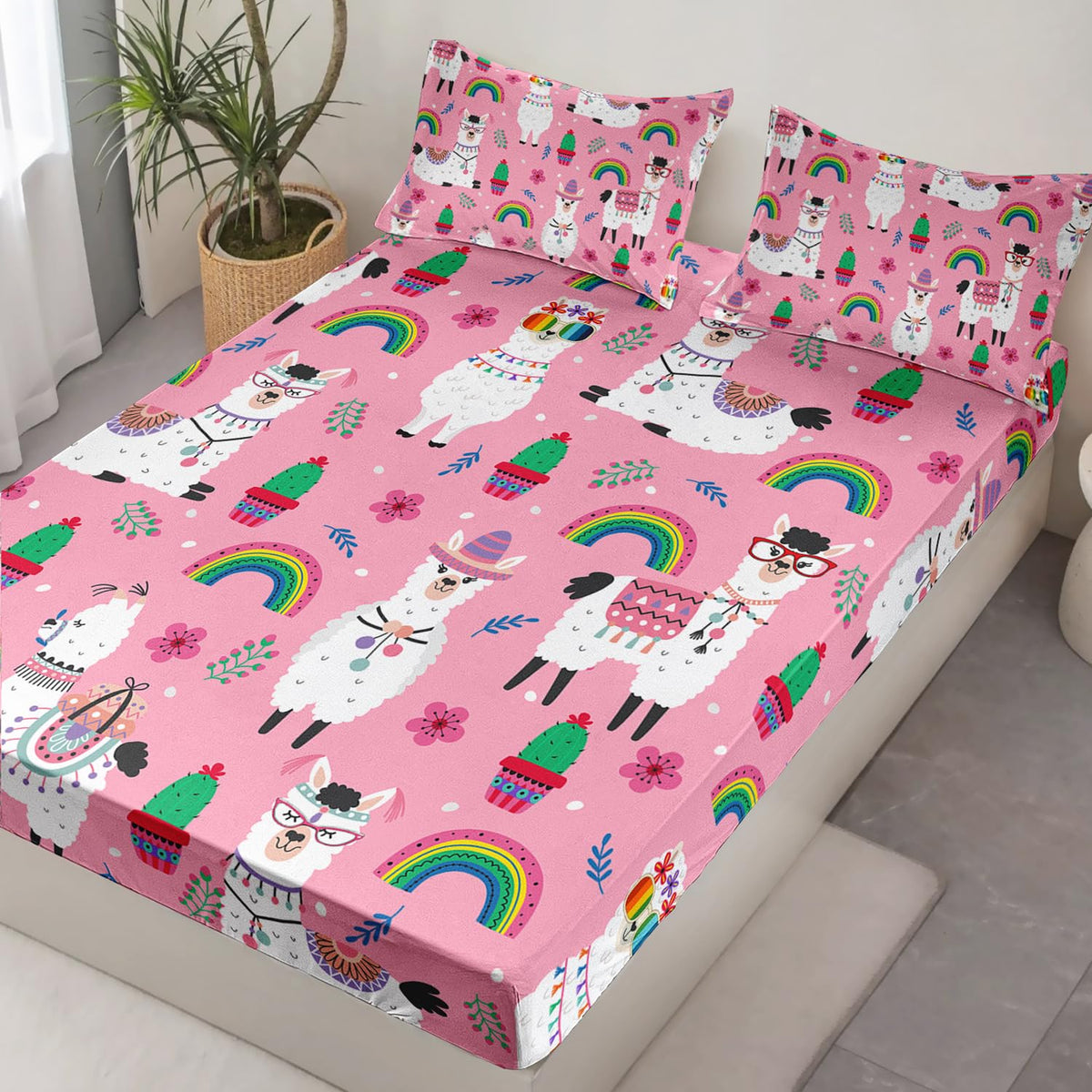 HOSIMA Kids Girls Pink Twin Fitted Sheet with 2 Pillowcases,Cute Llama Alpaca Fitted Sheet Animal Bedding Sets for Room Decor,Rainbow Cactus Flower Sheets with 15Inch Deep Pockets.