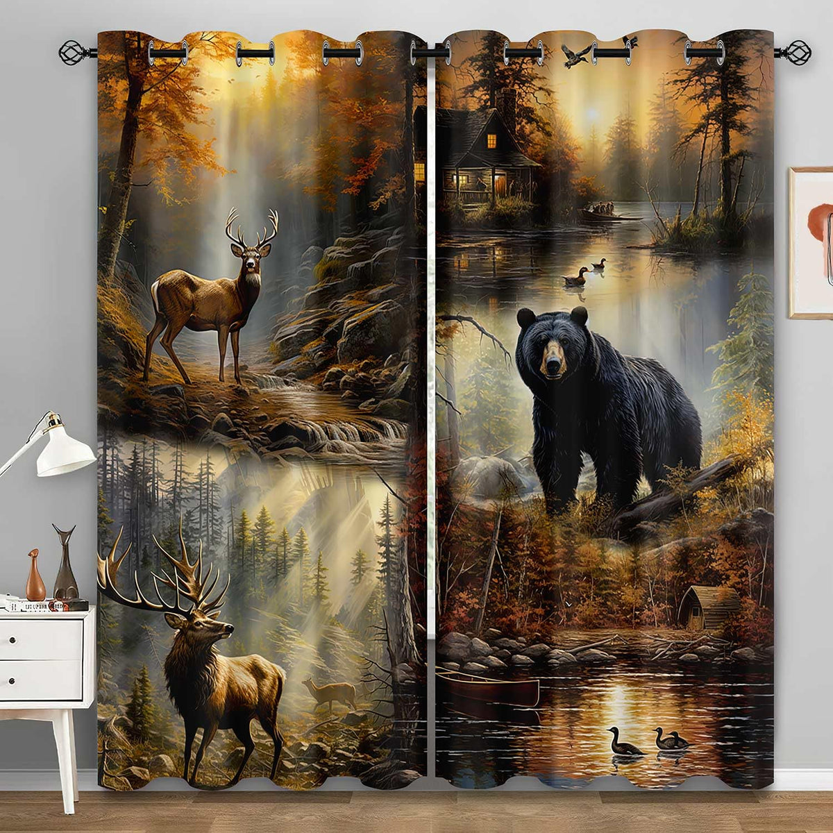 LUVIVIHOME Rustic Cabin Blackout Curtains, Deer Moose Black Bear Curtains for Bedroom, Forest Animal Wildlife Mallard Duck Country Farmhouse Hunting Room Decor Window Curtains 2 Panel Sets, 42x84 Inch