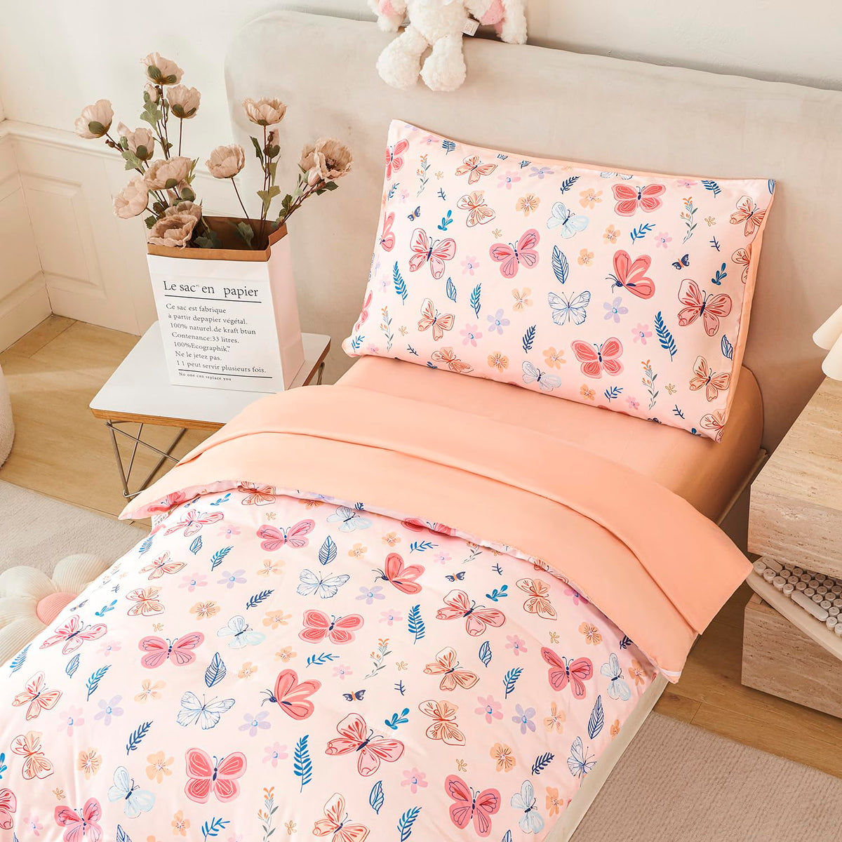 URBONUR Cute Butterfly Toddler Bedding Set for Girls, 4 Piece Bed-in-a-Bag Toddler Microfiber Comforter Sheet Set, Botanical Flowers Printed, All Season Easy Care