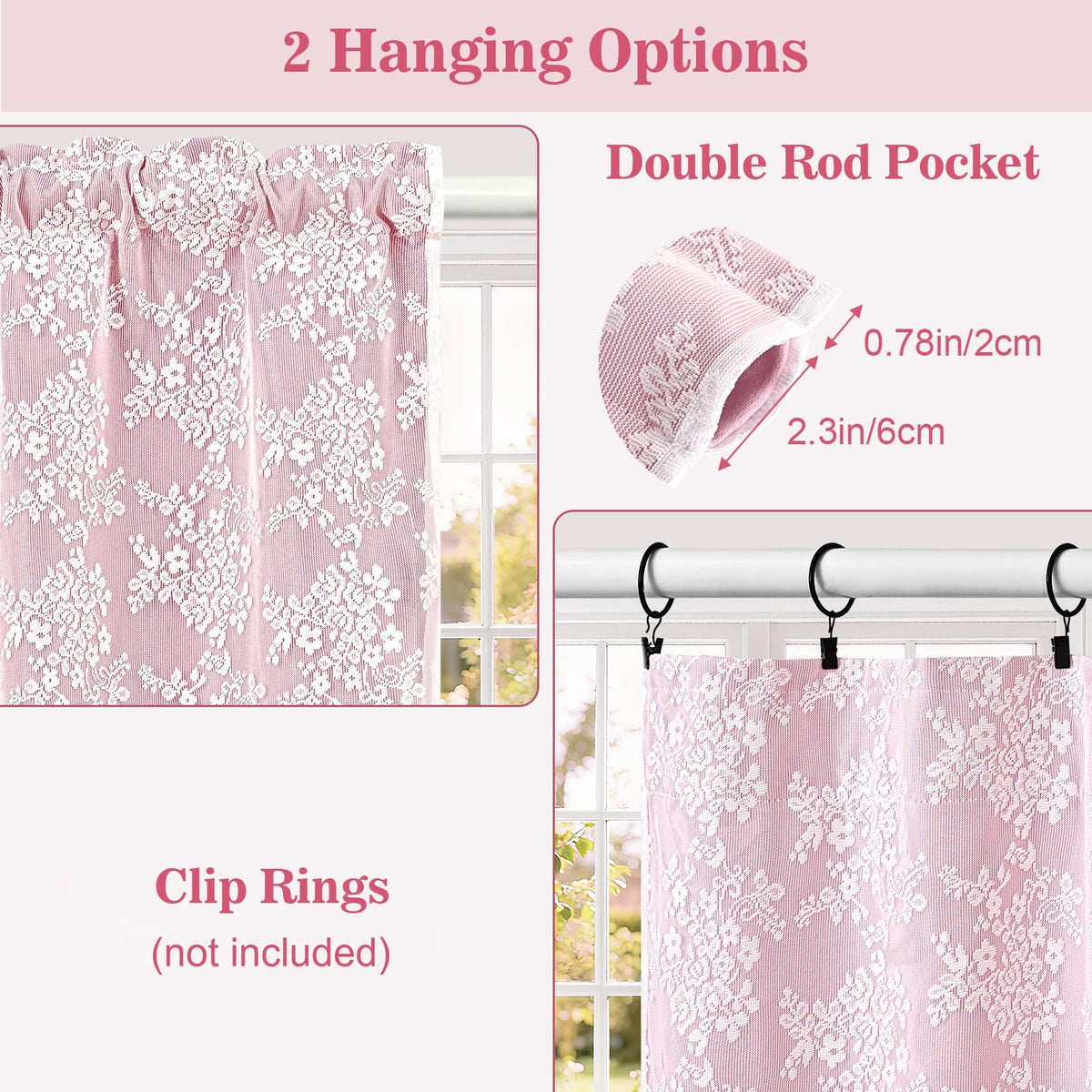 Yinhua Pink Kitchen Curtains 36 Inch Length Double Layer Blackout Cafe Curtains with Floral Sheer Overlay Rod Pocket Short Curtain for Windows, Small Window Curtain for Bathroom, Living Room, 2 Panels