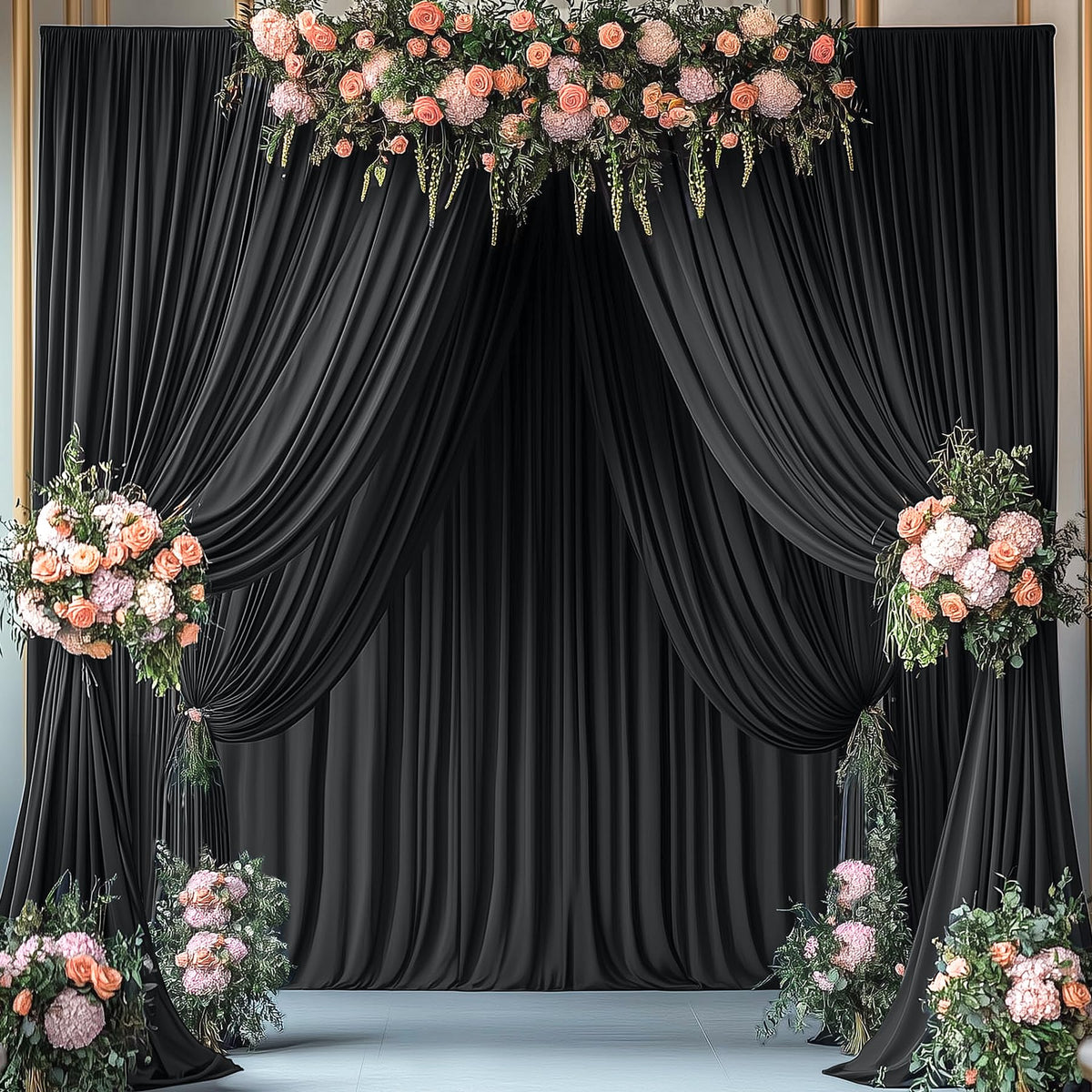10 Panels 5x12ft Wrinkle Free Black Backdrop Curtains for Parties, Polyester Photo Backdrop Drapes 12 ft Long Back Drop Cloth for Wedding Birthday Photography Background, 50ftx12ft