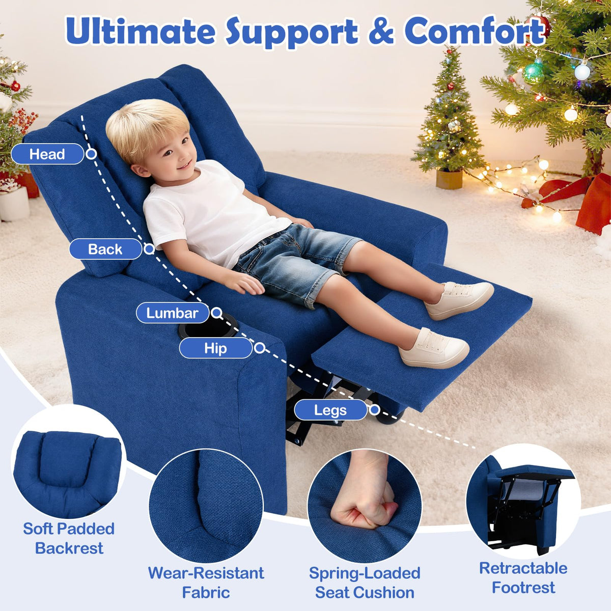Costzon Kids Recliner Chair with Cup Holder, Toddler Adjustable Lounge Chair w/Footrest for Boys Girls Room, Ergonomic Baby Child Furniture Sofa for Age 3+ Gifts, Kids Mini Recliner up to 150 lbs