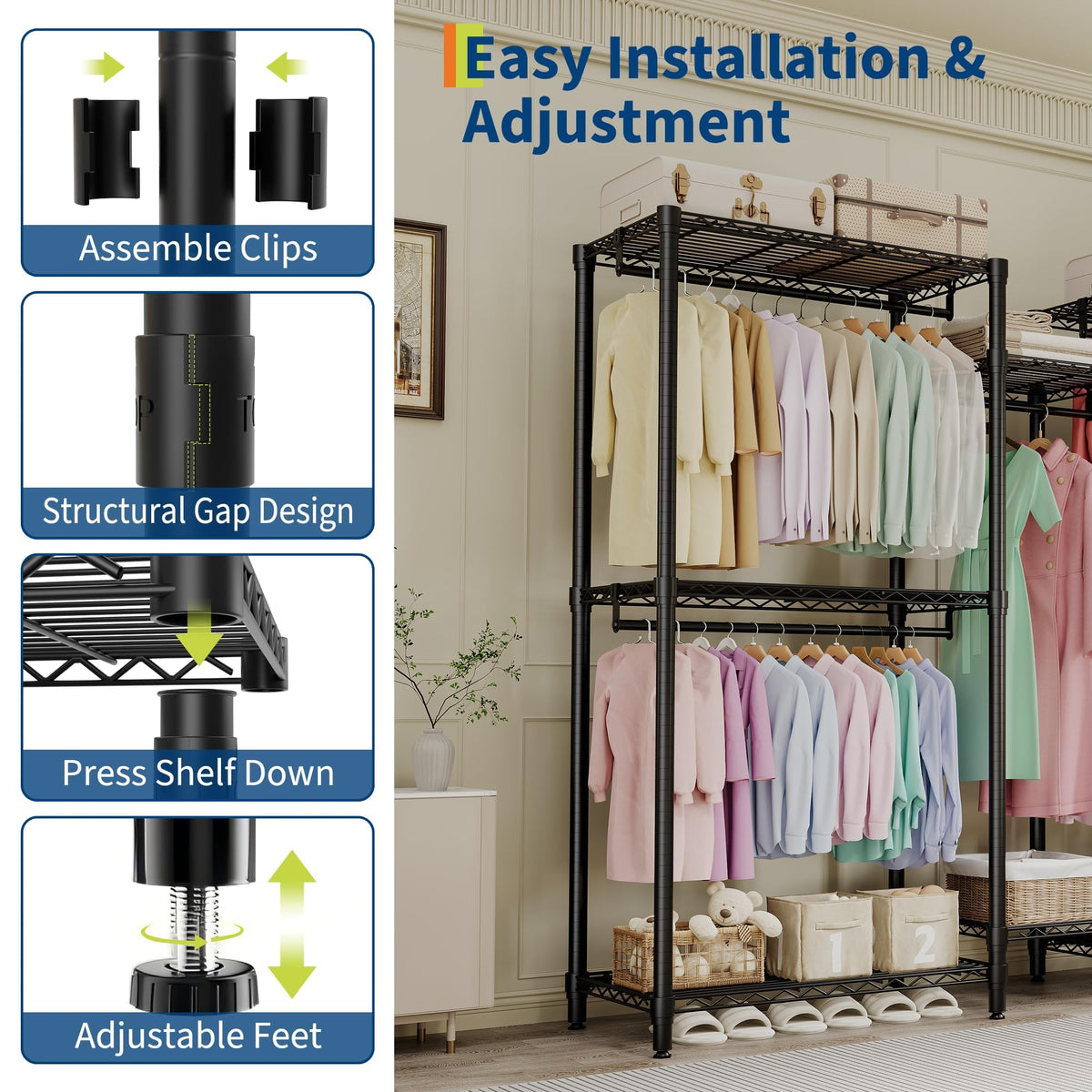 EliteEdge Freestanding Heavy Duty Garment Rack with Adjustable Shelves and Hanging Rods, Large 1870 Lbs Capacity Portable Closet Organizer for Bedroom or Cloakroom Storage, Black
