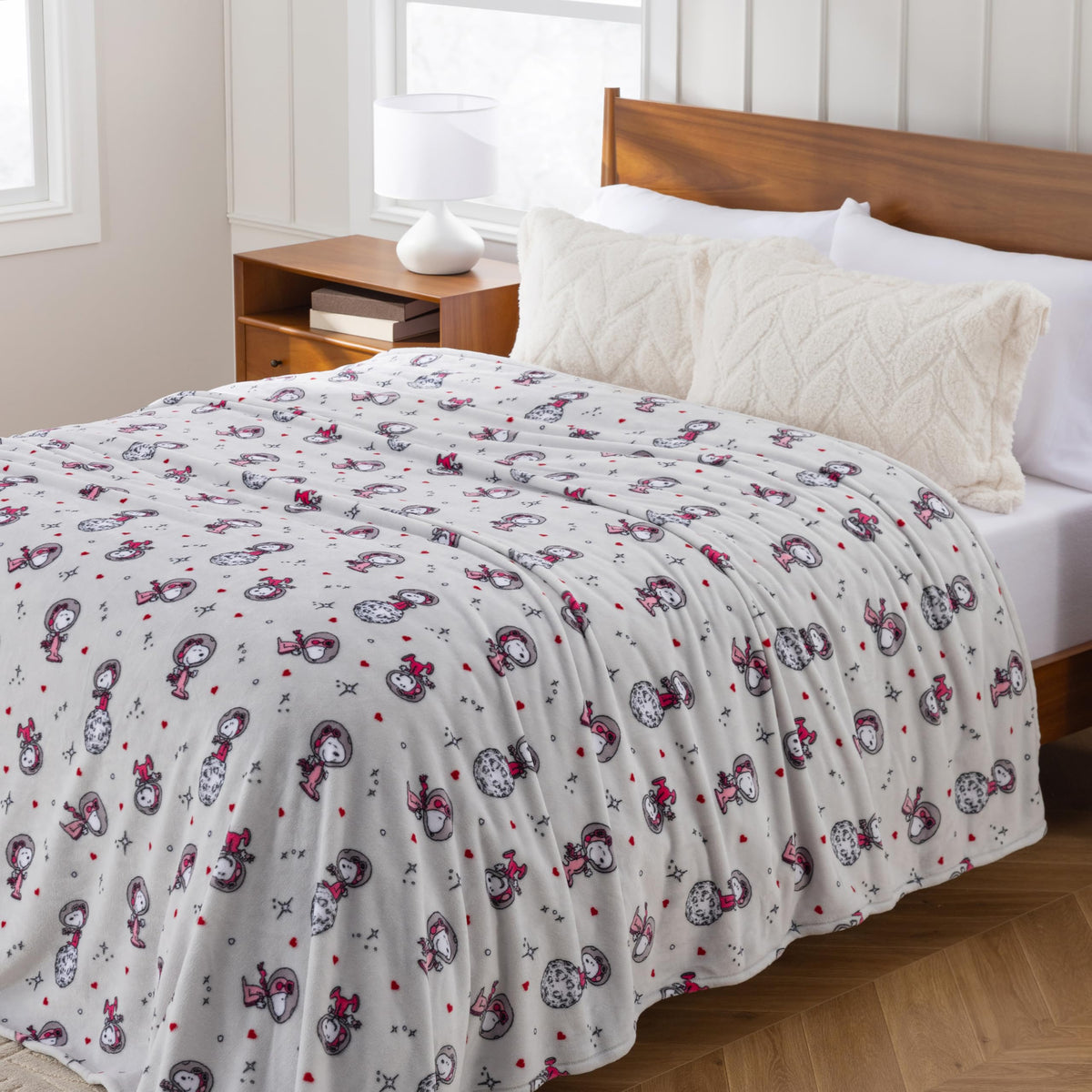 Berkshire Peanuts® VelvetLoft® Cute Character Snoopy Plush Throw Blanket,Over the Moon for You Light Grey,Throw 55 in x 70 in (Official Peanuts® Product)