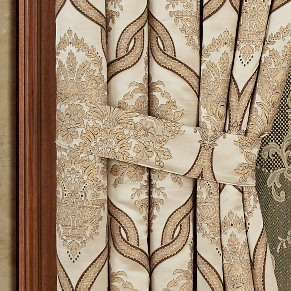 Luxurious Barrington Traditional Window Treatment | Sophisticated Jacquard Woven Damask Medallion Quatrefoil | Light Gold, Champagne, Chocolate | Drapery Set | Wide 95L Curtain Pair, 3 Ascot Valances