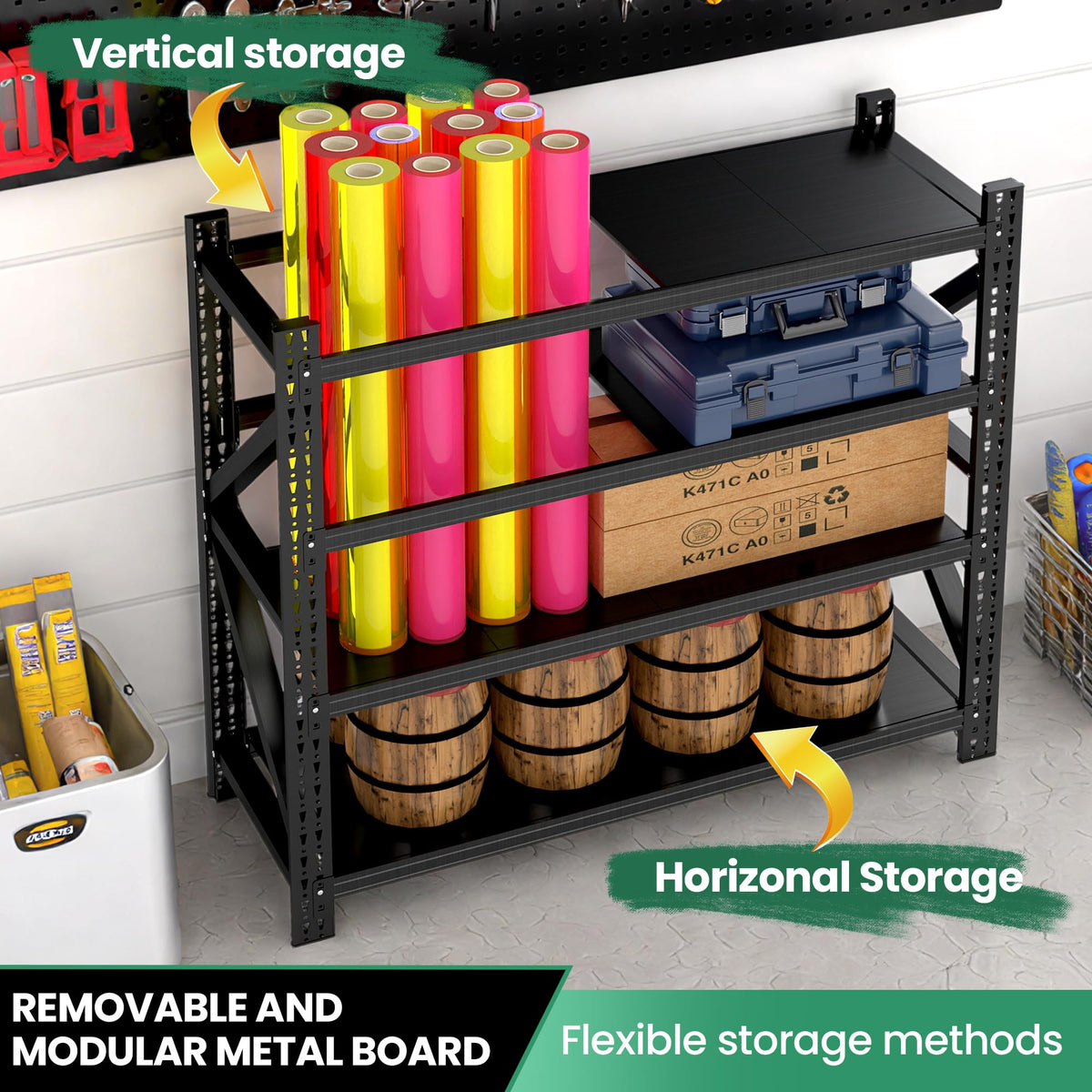 VIYET 4-Tier Heavy Duty Garage Shelving,Industrial Shelving for Low Ceilings,Garage Storage Racks Heavy Duty Steel Shelves,Compact Metal Rack for Basements,Garages with Ductwork,Apartments