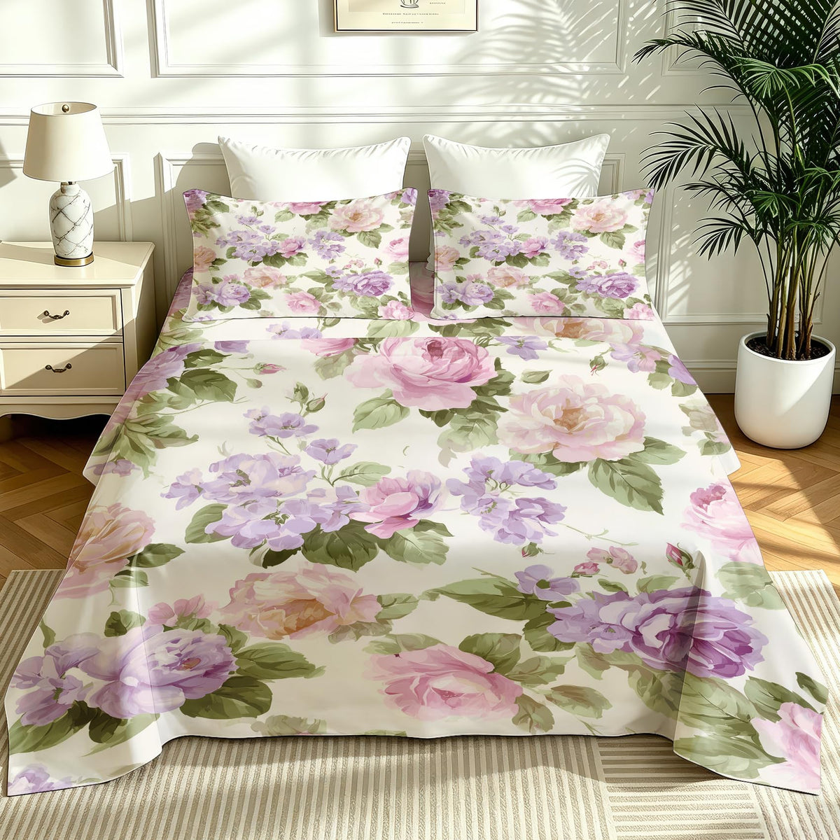 Purple Peony King Sheet Set 4 Pcs Watercolor Flowers Bed Sheets