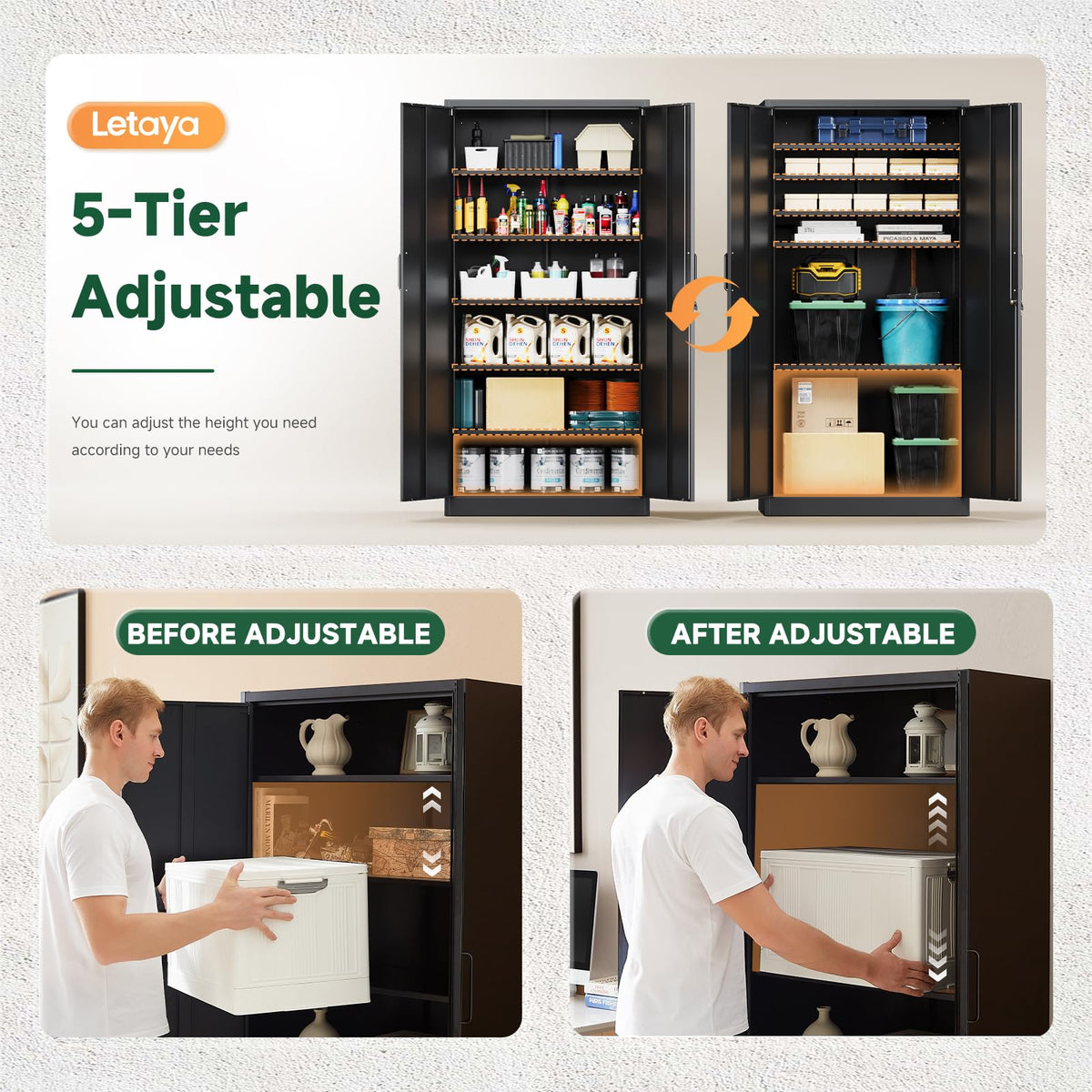 Letaya Metal Storage Cabinets with Lock Doors,Tall Locker Organizer Steel Garage Cabinets, 5 Adjustable Layers Shelves for Home, Office, Warehouse,Tool,Industrial(Black)