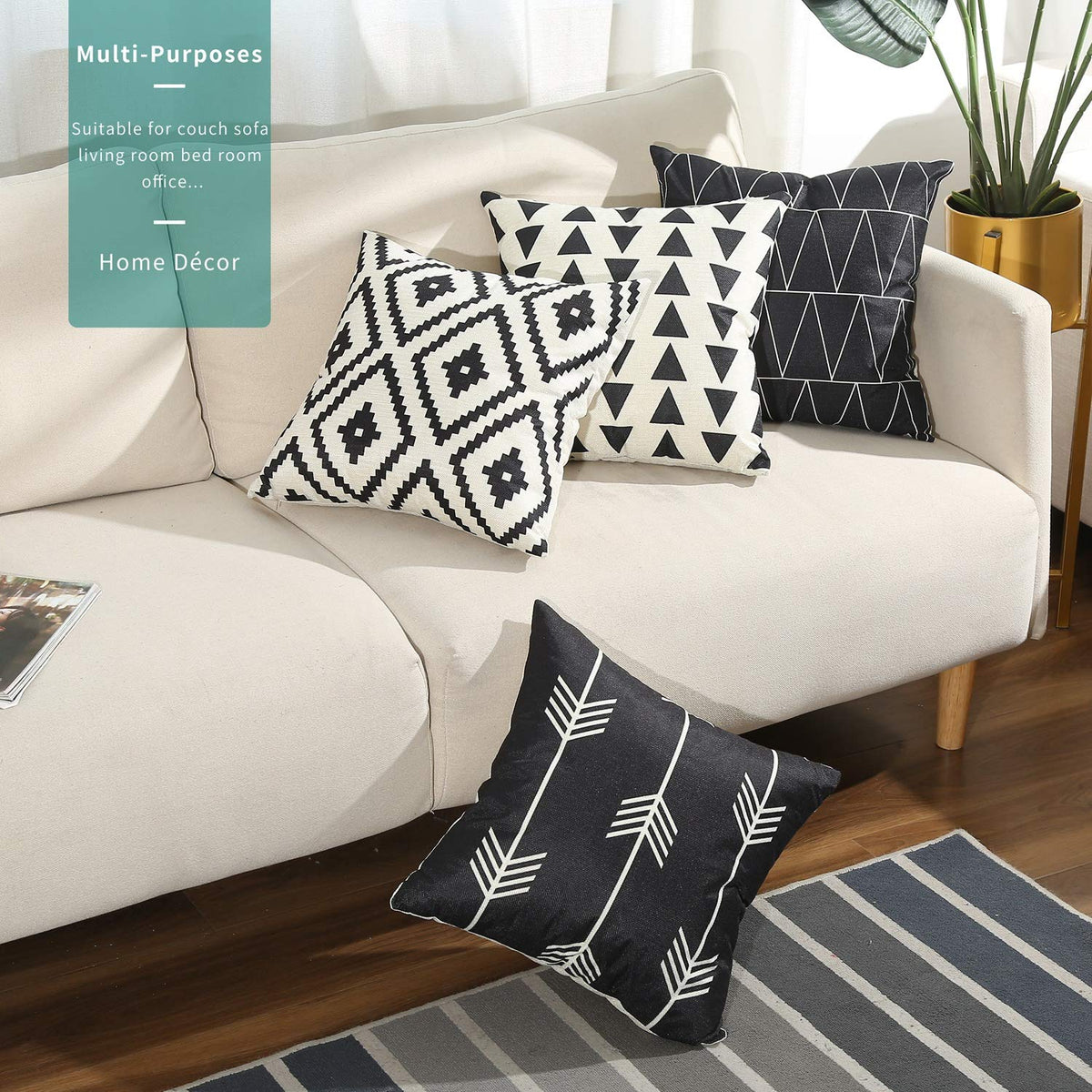 Tosewever Set of 4 Decorative Geometric 18 x 18 Inches Throw Pillow Covers - Modern Pattern Linen Square Pillow Cushion Case for Sofa Couch Bed Home Outdoor Car (18" x 18", Black)