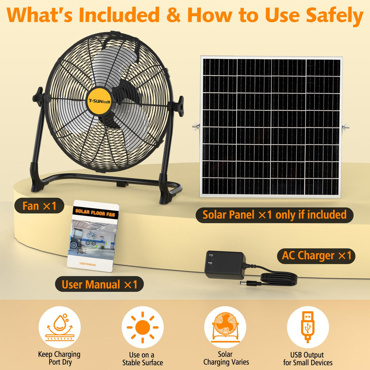 T-SUNiceM 12" Solar Powered Fan for Tent Camping, RV Trips & Patio, Rechargeable Cordless Floor Fan with Solar Panel, USB Output for Bedside Backup, Porch, Greenhouse, Chicken Coop