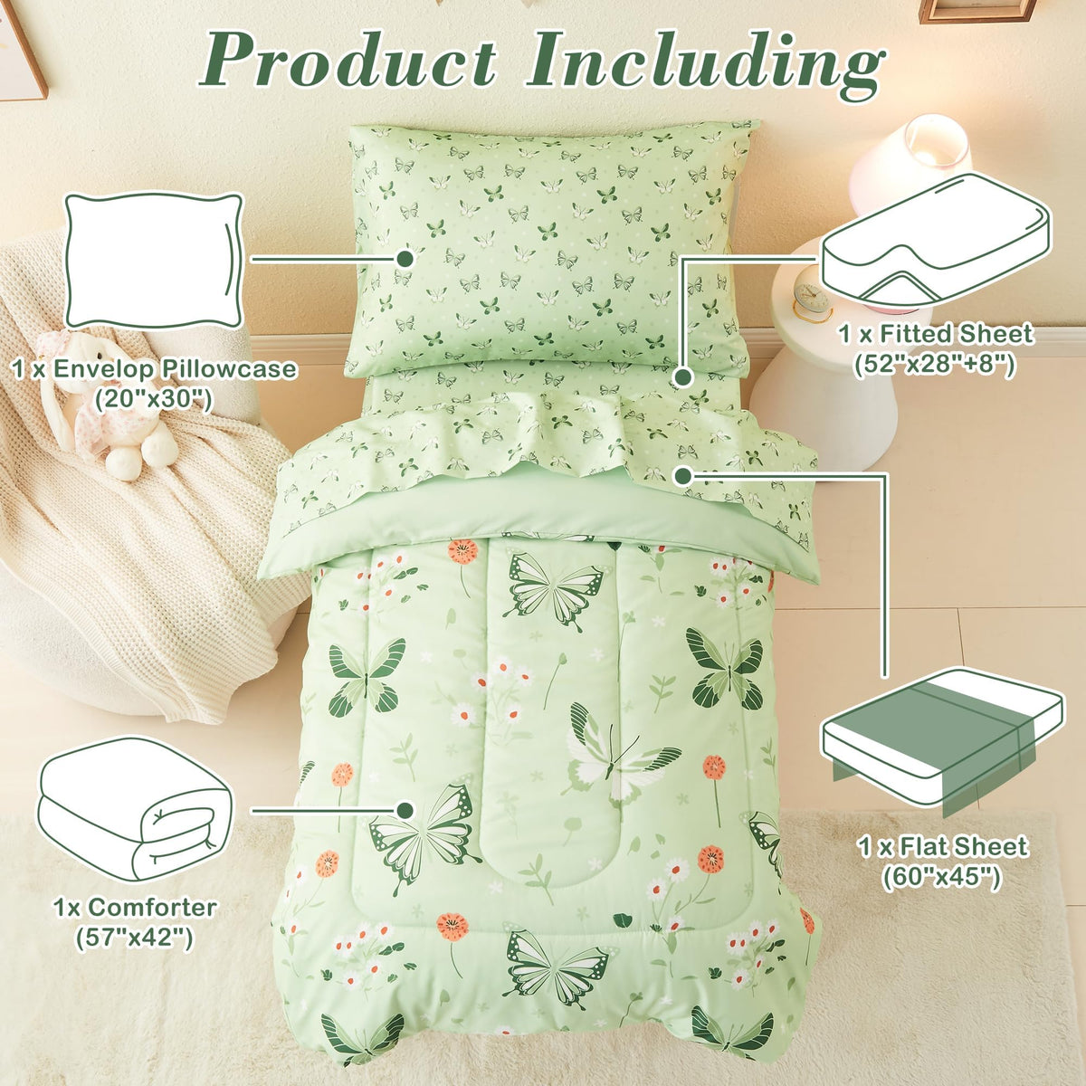 Mooreeke 4 Pieces Toddler Bedding Set - Soft Sage Green Butterfly Toddler Comforter Sets for Girls, Includes Quilted Comforter, Flat Sheet, Fitted Sheet and Pillowcase, Bed in A Bag for Baby Bedroom