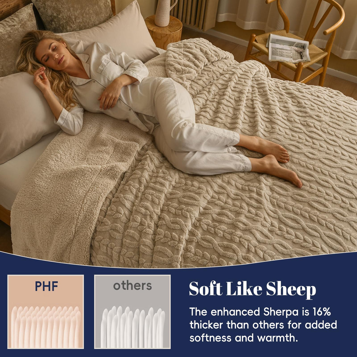 PHF Ultra Soft Sherpa Fleece Blanket Queen Size 90" x 90", 510GSM Fleece Lightweight Yet Warm Blanket for Winter Bed, No Shedding, No Pilling, Tufted Jacquard for Luxury Home Decor, Khaki