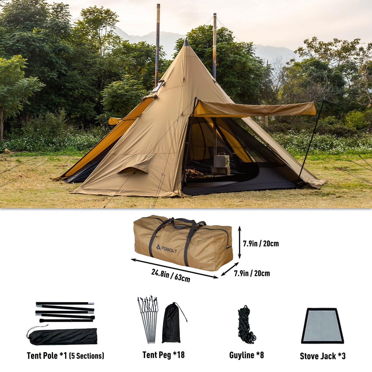 POMOLY Tipi Tent Camping Hot Tents, Bromance 70 Pyramid with 3 Stove Jacks for 2-4 Person Hiking Hunting (with Inner Tent)